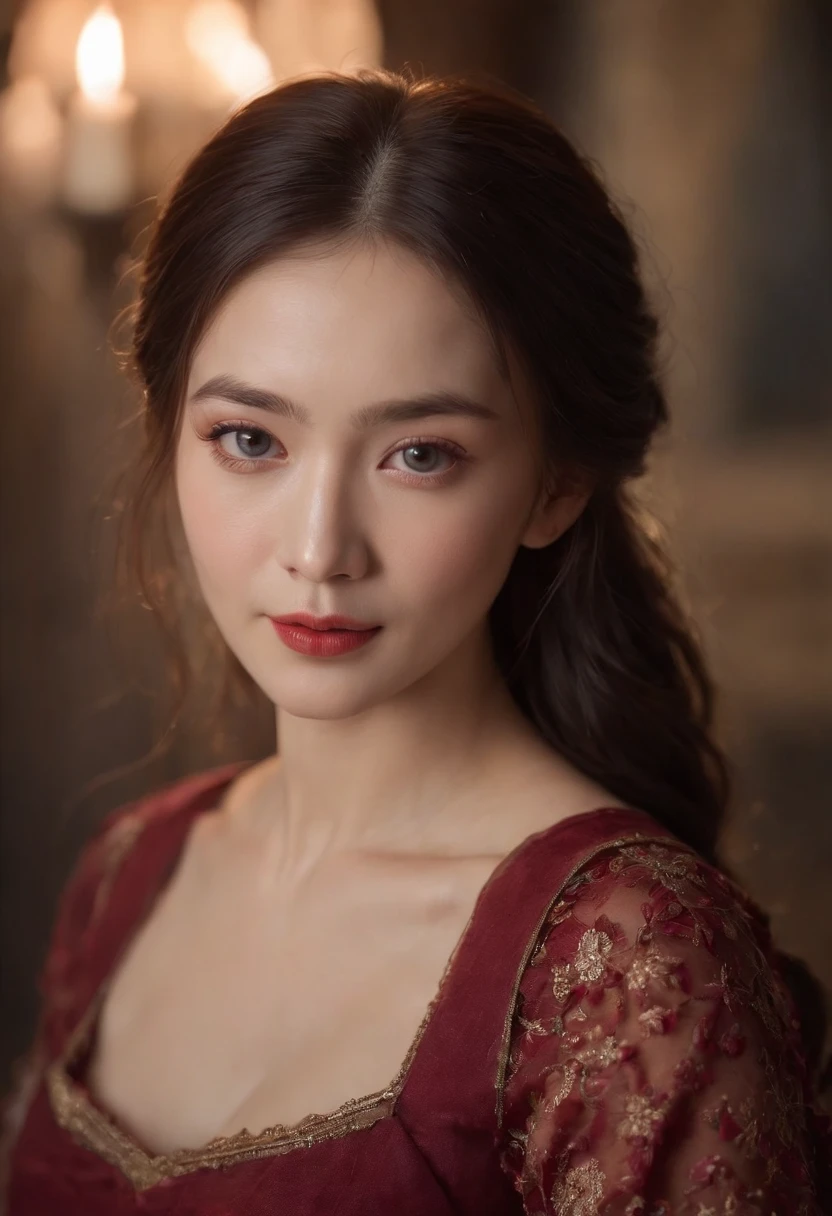 (((a deep reddish wound crosses her left cheek))) fair complexion, asian woman around 30 years old, natural brown hair, distinctive blue eyes, wearing dinner dress with red colour, slender and graceful, beautiful, candlelight in a medieval setting, ultra sharp focus, realistic shot, medieval female clothes, tetradic colors,she's celebrate her birthday (scar:1.4)