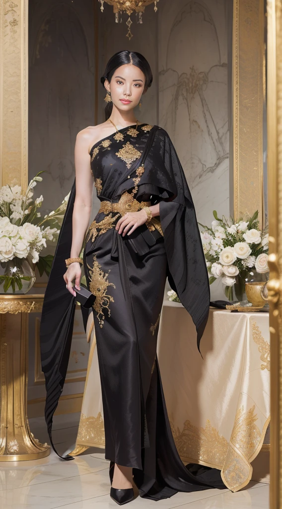 best quality, highly detailed, ultra-detailed, illustration, masterpiece,extremely detailed eyes and face, incredibly_absurd resolution, (black hair) , 1girl, wearing a meticulously crafted and luxurious gown showcasing intricate details, exquisite tailoring, and opulent fabrics, slim waist, light smile, whole body, facing towards the viewers, dynamic pose, elegant thai dress