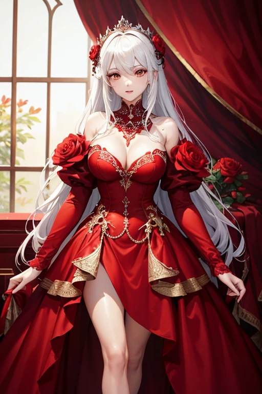 a close up of a woman in a red dress with roses, extravagant dress, 8k highly detailed ❤🔥 🔥 💀 🤖 🚀, dressed beautiful gown, wearing a wonderful dress, red dress, detailed dress and face, all red, beautiful gown, gown, elegant red dress, red, wearing a wonderful dress, exquisite digital illustration,The most beautiful woman in the world、white hair、white eyes、best style、beautiful legs、whole body