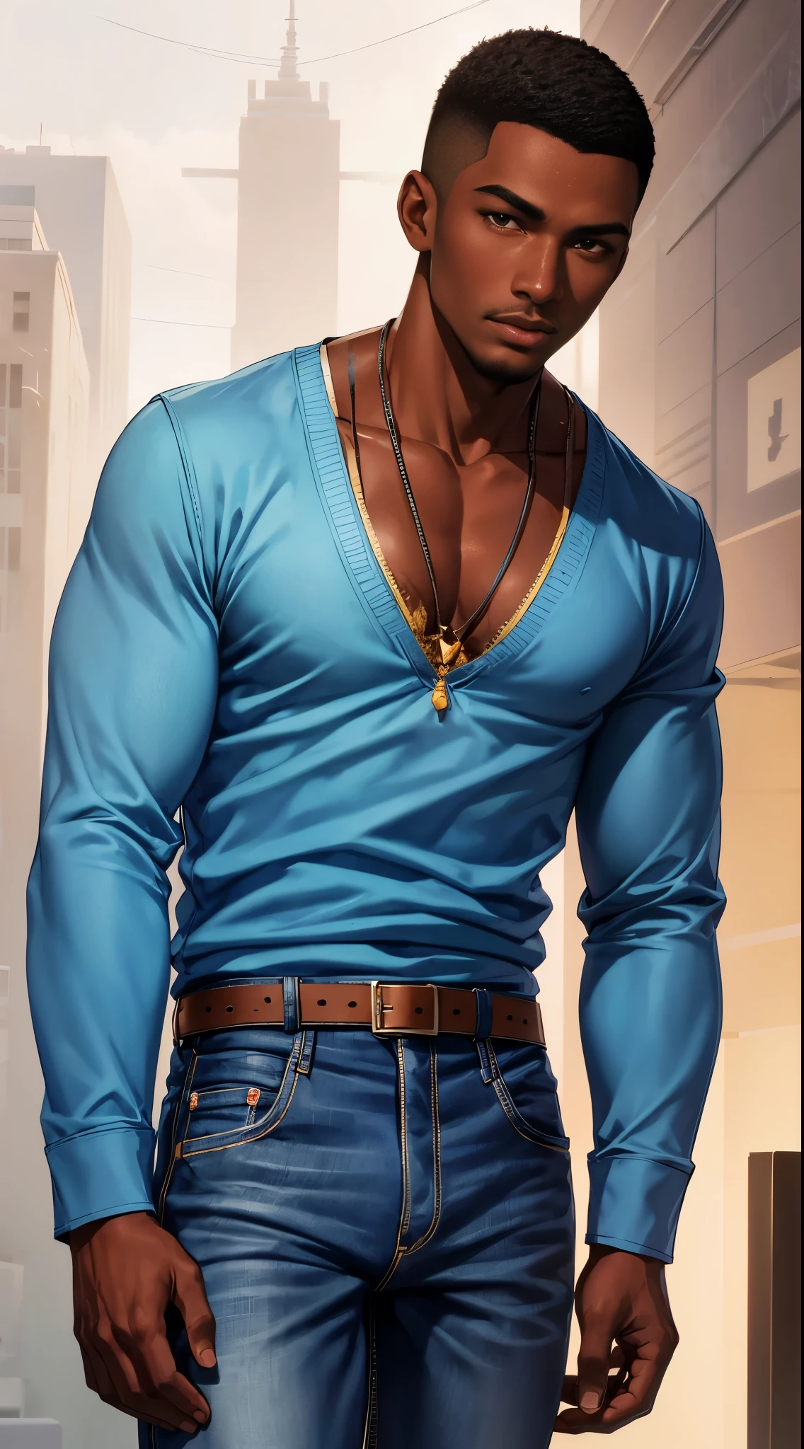 (best quality:1.1),original, 1man,  A handsome man with dark skin, African American man with natural hair, short hair, buzzcut, ebony nose, broad shoulders, tall, masculine, dressed in loose blue urban clothes and demin jeans, cartoon，anime illustrations, style is abstract beauty, Sundaratang, charming character illustrations, folklore  --ar 2:3 --v 6.0 