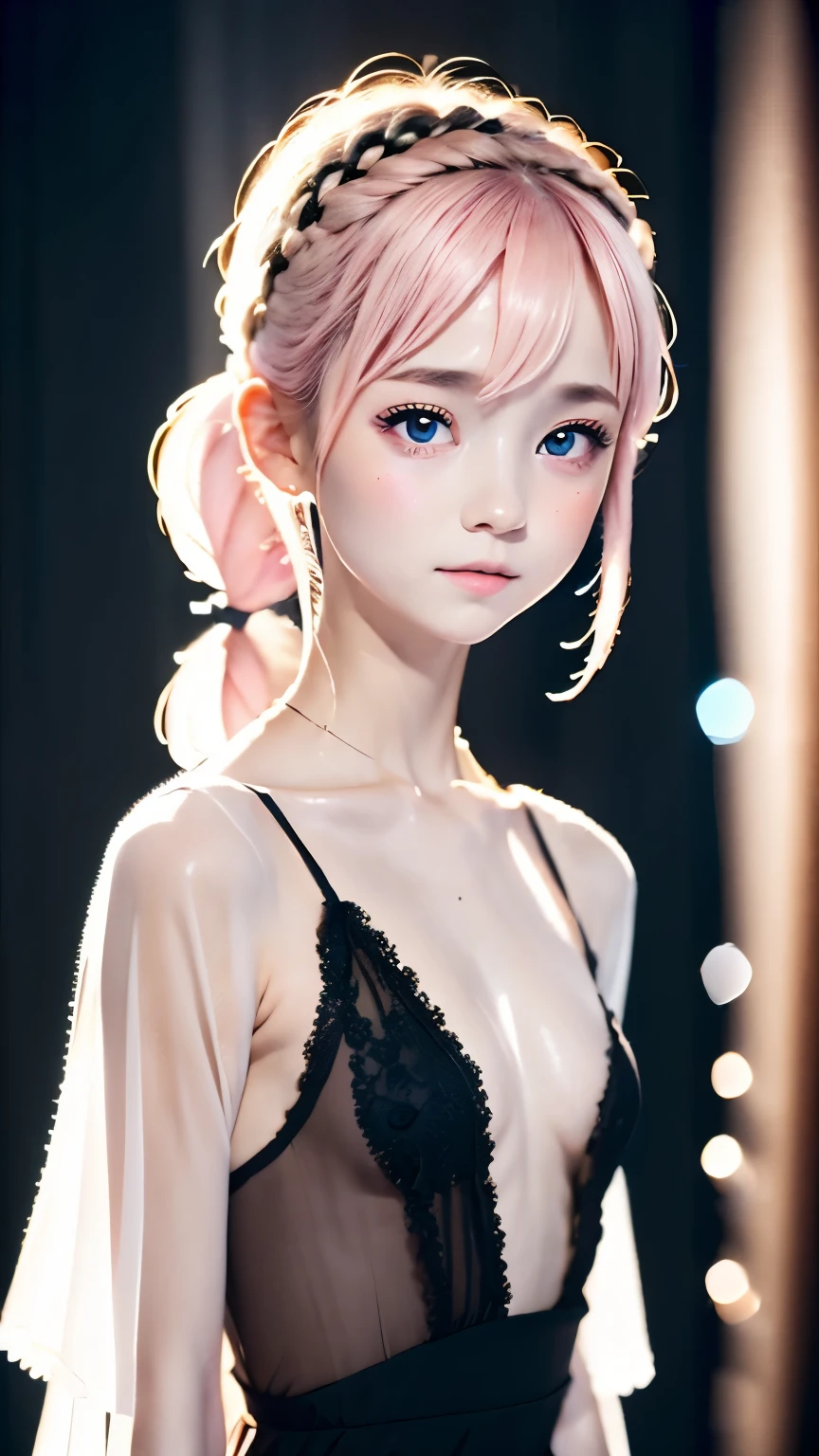 one girl、16talent、anatomy、Light pink eyes、loosely braided low ponytail、light pink hair、small breasts、black dress open-chested dress、sheer lace dress、See-through feeling、random pose、(((blurred background、Watercolor-like background)))、highest quality、high resolution、High resolution、cinematic lighting、professional photographer、