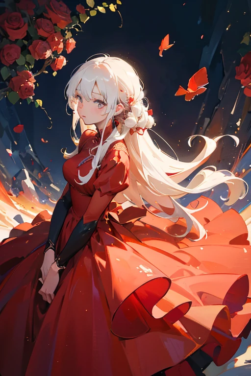 a close up of a woman in a red dress with roses, extravagant dress, 8k highly detailed ❤🔥 🔥 💀 🤖 🚀, dressed beautiful gown, wearing a wonderful dress, red dress, detailed dress and face, all red, beautiful gown, gown, elegant red dress, red, wearing a wonderful dress, exquisite digital illustration,The most beautiful woman in the world、white hair、white eyes、best style、beautiful legs、whole body