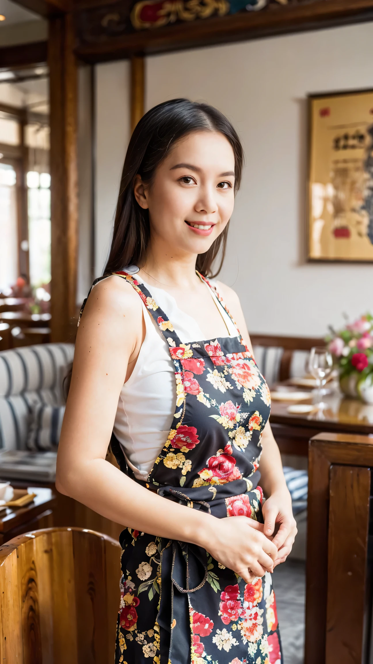 (Super fine,fidelity:1.37),portrait,Chinese restaurant owner,black hair,brown eyes,delicate lips,Put on an apron,Stand behind the counter,cooking expert,confident smile,Neat appearance,Chinese traditional spring clothing,floral pattern,Standing in a brightly lit restaurant,antique wooden furniture,Elaborately carved decoration,Chinese traditional elements,Beautifully painted porcelain plates and teapots,Authentic Chinese cuisine,Traditional cooking techniques,Presenting dishes like art,Vibrant color palette,Emphasis on fresh ingredients and balance of flavors,Defocused lights in the background create a warm and inviting atmosphere