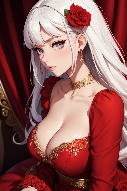 a close up of a woman in a red dress with roses, extravagant dress, 8k highly detailed , dressed beautiful gown, wearing a wonderful dress, red dress, detailed dress and face, all red, beautiful gown, gown, elegant red dress, red, wearing a wonderful dress, exquisite digital illustration,The most beautiful woman in the world、white hair、white eyes、best style、beautiful legs、whole body