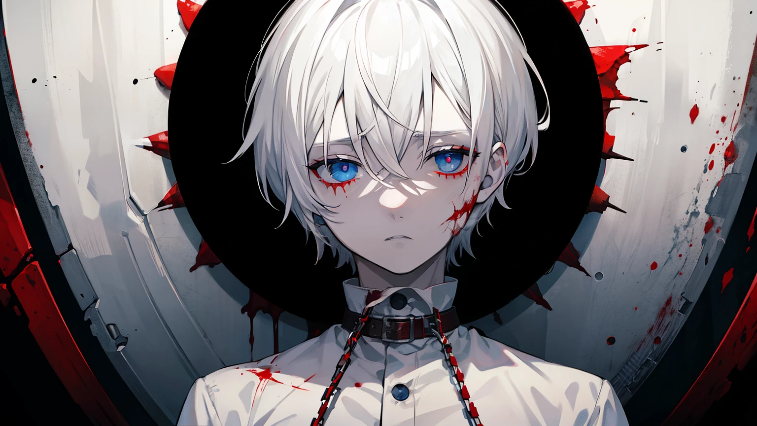 White haired male, blood, violence, gore, killer, blood on face, staring coldly, blue eyes, short hair, nsfw , multicolored black and white hair, emotionless, chained, gore, psychopath, tied up, locked, captured, detailed