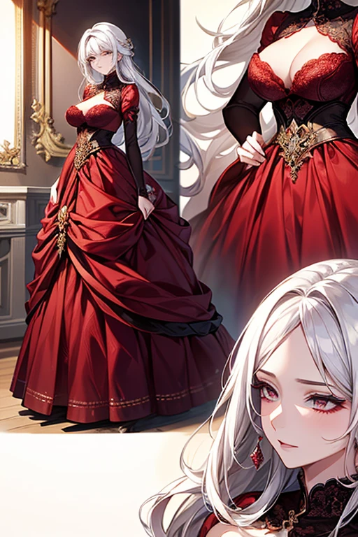 a close up of a woman in a red dress with roses, extravagant dress, 8k highly detailed , dressed beautiful gown, wearing a wonderful dress, red dress, detailed dress and face, all red, beautiful gown, gown, elegant red dress, red, wearing a wonderful dress, exquisite digital illustration,The most beautiful woman in the world、white hair、white eyes、best style、beautiful legs、whole body