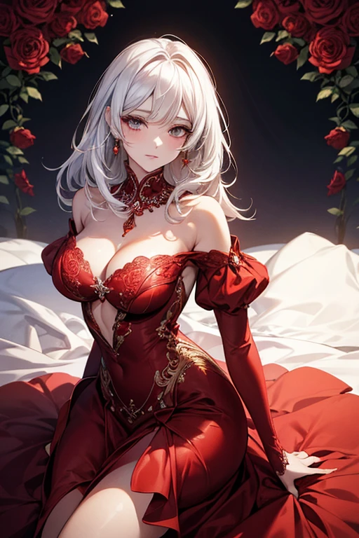 a close up of a woman in a red dress with roses, extravagant dress, 8k highly detailed , dressed beautiful gown, wearing a wonderful dress, red dress, detailed dress and face, all red, beautiful gown, gown, elegant red dress, red, wearing a wonderful dress, exquisite digital illustration,The most beautiful woman in the world、white hair、white eyes、best style、beautiful legs、whole body