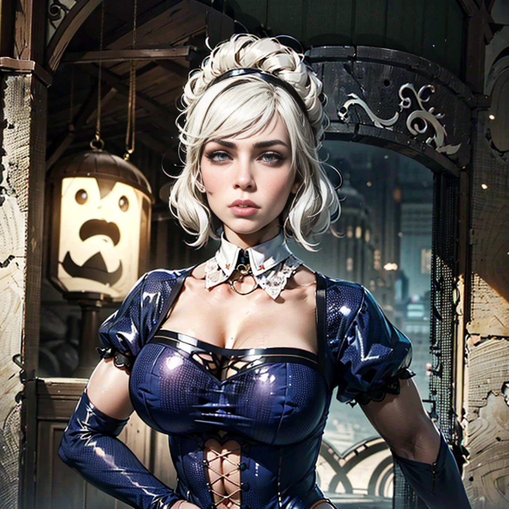 White hair , short hair, pinched eyes, (big-:1.5) , Thin legs, thin body, leather collar, Maid outfit victorian, dynamic pose, full body, View from below, wide hips