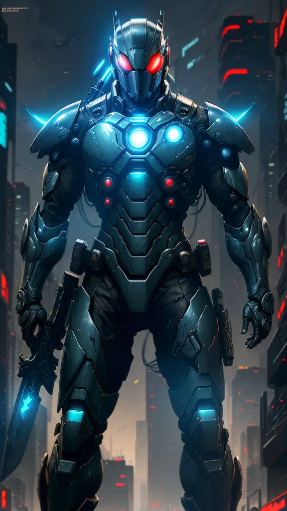 arafed metal gear man with a sword and a helmet, cyberpunk art inspired by Marek Okon, cgsociety contest winner, cobra, raiden metal gear, raiden from metal gear rising, cyber japan style armor, mecha suit, cyber japan armor, cyber suit, full cybernetic combat suit, sci - fi suit, full body mecha suit