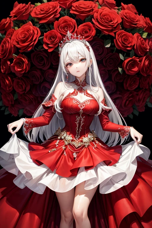 a close up of a woman in a red dress with roses, extravagant dress, 8k highly detailed , dressed beautiful gown, wearing a wonderful dress, red dress, detailed dress and face, all red, beautiful gown, gown, elegant red dress, red, wearing a wonderful dress, exquisite digital illustration,The most beautiful woman in the world、white hair、white eyes、best style、beautiful legs、whole body
