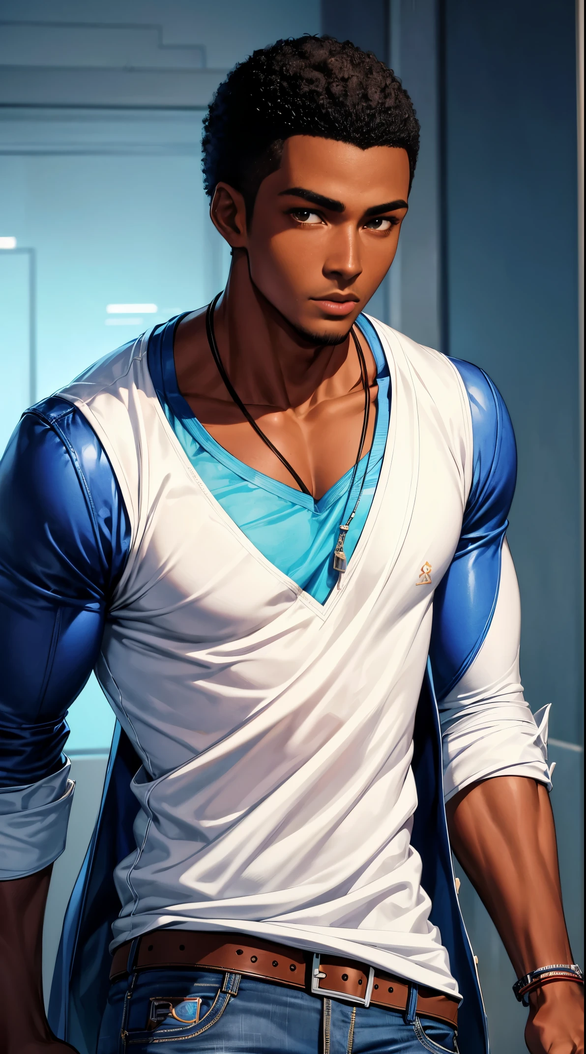 (best quality:1.1),original, 1man,  A handsome man with dark skin, African American man with natural hair, short hair, buzzcut, ebony nose, broad shoulders, tall, masculine, dressed in blue urban clothes and demin jeans, cartoon，anime illustrations, style is abstract beauty, Sundaratang, charming character illustrations, folklore  --ar 2:3 --v 6.0 