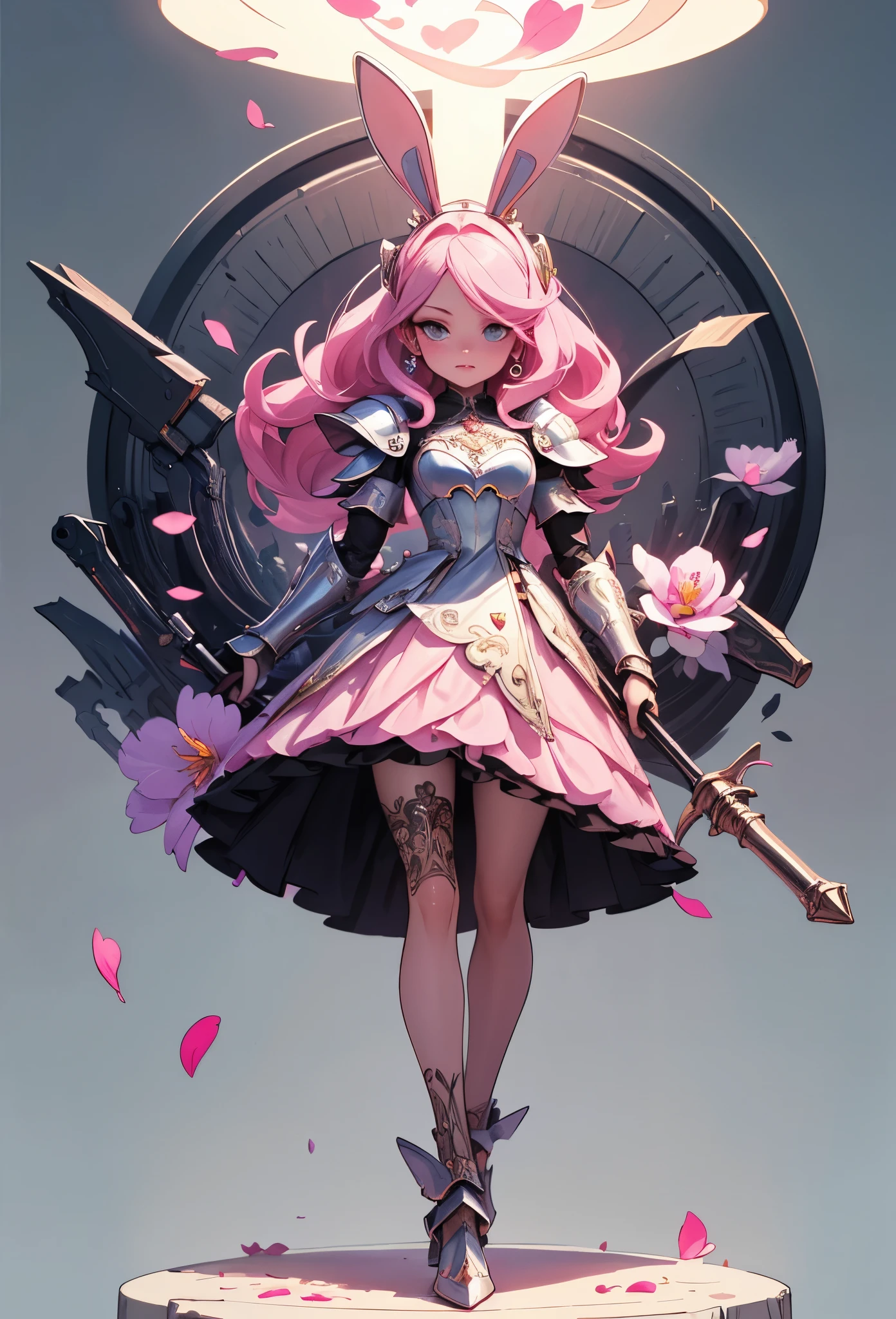 ((Highly accurate drawing in every detail)Extremely precise depiction)[High resolution],(detailed illustrations,Very detailed and precise drawing,Delicate drawn lines with tempo,Realistic texture expression),[color traced main line],(fantasy world battlefield [burning castle]),(GIRL ROBOT  (pink rabbit [METALFACE[clear lenticular iris]])) [WEAPON MACHINE],(([petal] metal dress [frills]) [flower pattern] [Clear pink translucent armor that covers the body surface]) [ribbon]) [Energy tubes that glow at the joints],[use a sledgehammer as a weapon],[[Mobile Weapon Gigant Size][science fiction mechanical]],(Metallic luster on metal parts),(intricate and beautiful decoration [Dense detail]),(Precisely drawn face)[perfect eye details(Beautifully detailed iris)[Eyes like deep jewels]],[long and beautiful eyelashes],[precisely drawn hair [Beautiful and shiny hair details]],(perfect hand details [Beautiful fingers with no damage [beautiful nails]]),(perfect anatomy(perfectly balanced proportions))[[full body portrait]],[ideal color coordination(Accurate simulation of light and material interactions)],[Visual art that tells a story].