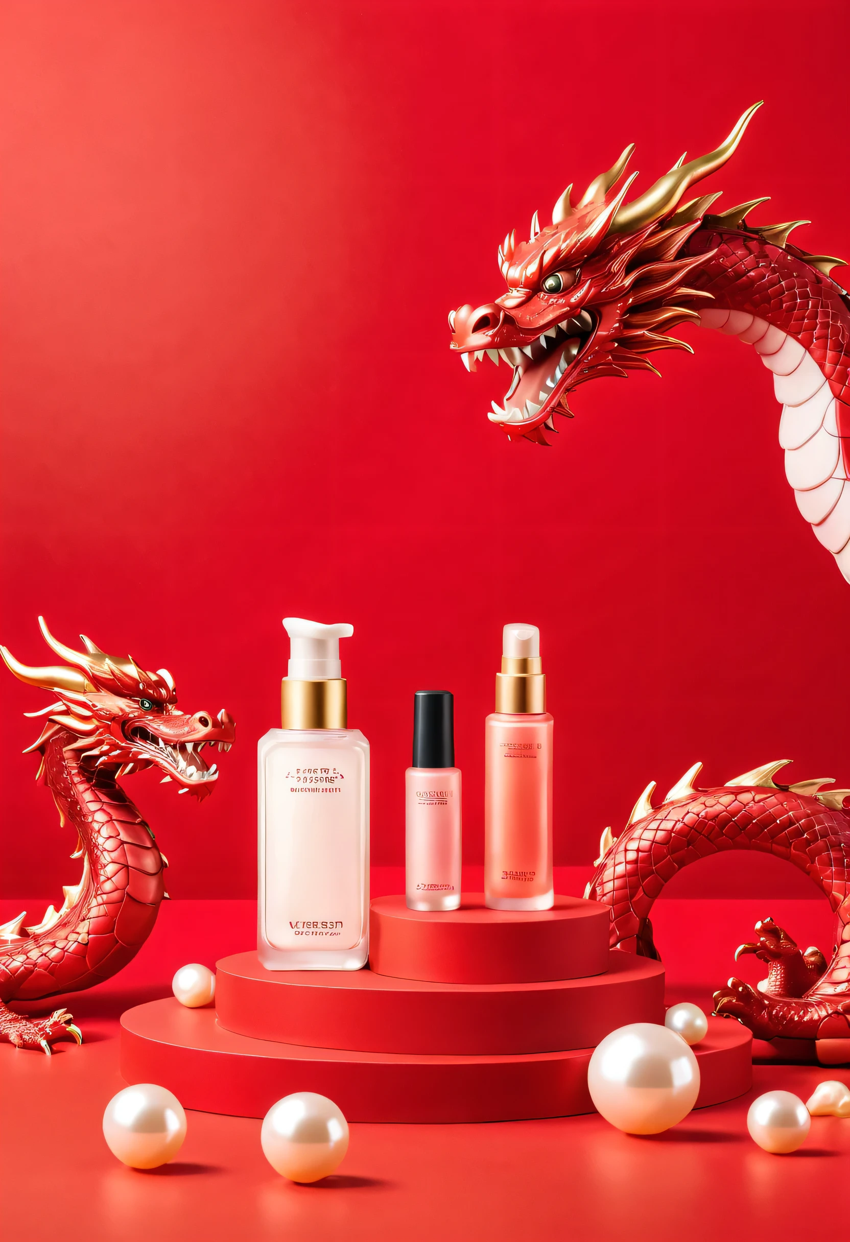 minimalist style, solid color background, bottle of cosmetics on red table, There are some pearls around, Product photography, Product renderings, Commercial Photography, masterpiece, Dragon pattern in distant background:3 , Realism,