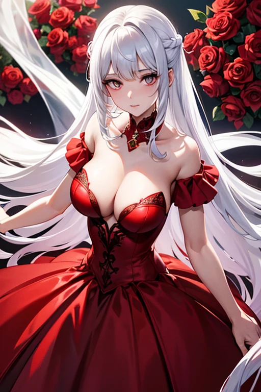 a close up of a woman in a red dress with roses, extravagant dress, 8k highly detailed , dressed beautiful gown, wearing a wonderful dress, red dress, detailed dress and face, all red, beautiful gown, gown, elegant red dress, red, wearing a wonderful dress, exquisite digital illustration,The most beautiful woman in the world、white hair、white eyes、best style、beautiful legs、whole body