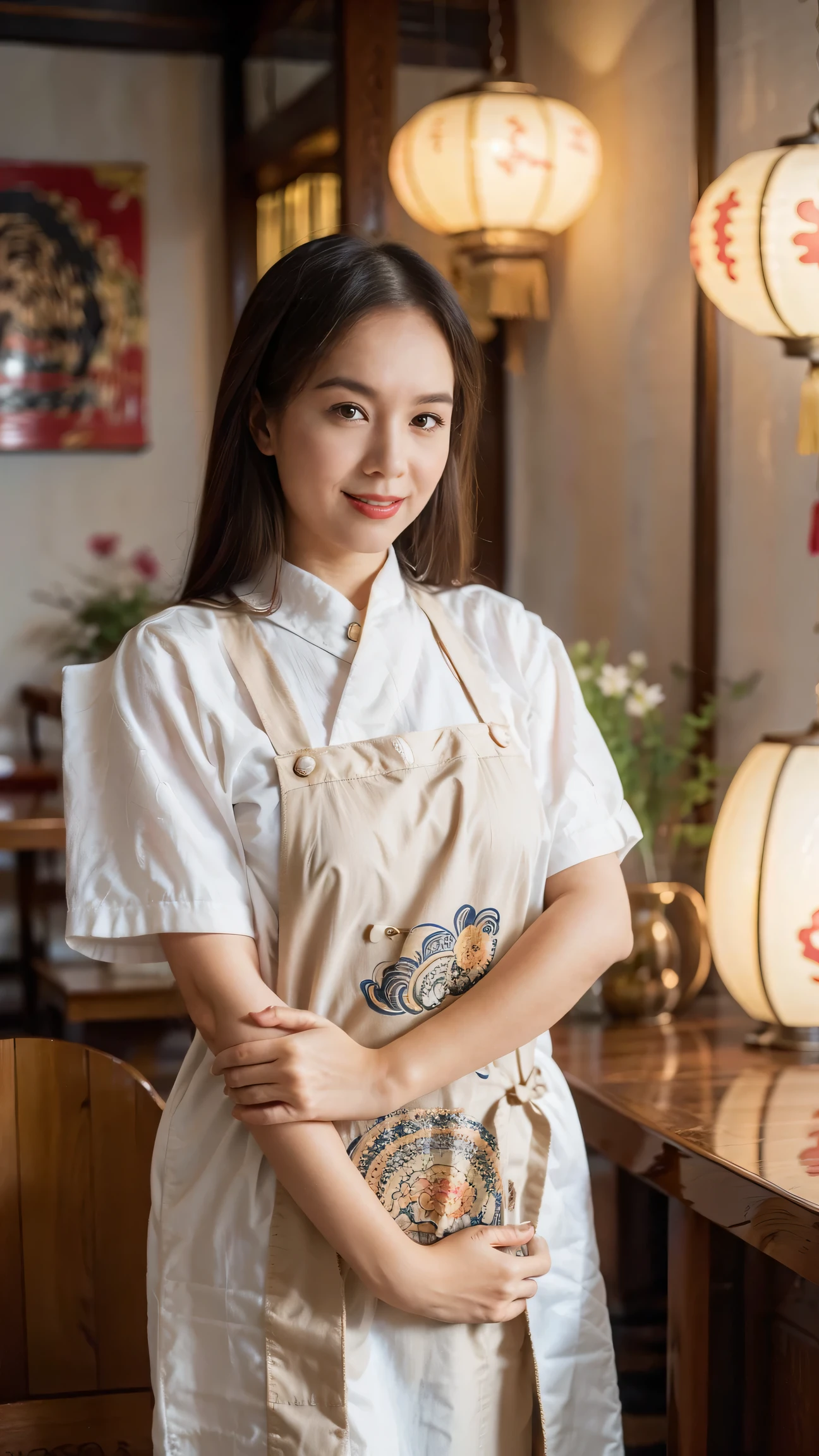 （Super fine，fidelity：1.37），portrait，Chinese restaurant owner，black hair，brown eyes，delicate lips，Put on an apron，confident smile，Neat appearance，Chinese traditional spring clothing，floral pattern，Standing in a brightly lit restaurant，antique wooden furniture，Elaborately carved decoration，Chinese traditional elements，Beautifully painted porcelain plates and teapots，Authentic Chinese cuisine，Vibrant color palette，Defocused lights in the background create a warm and inviting atmosphere