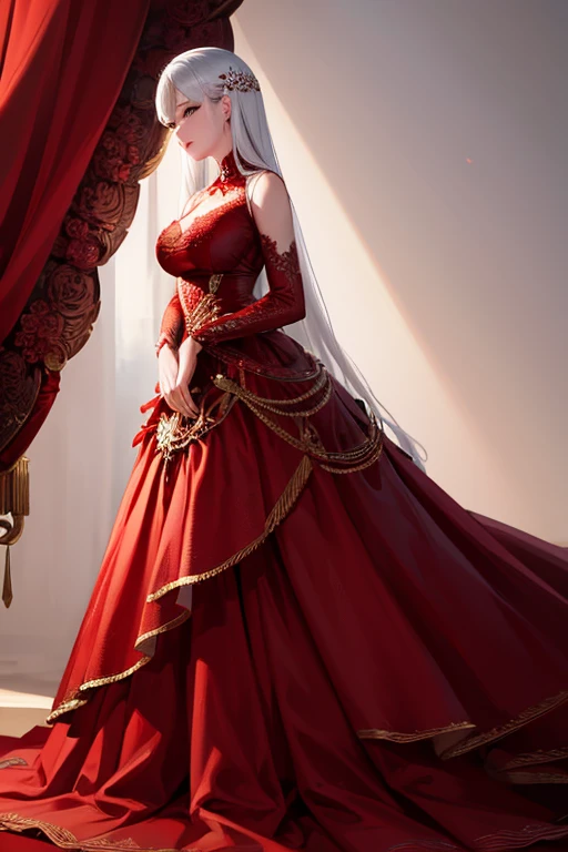 a close up of a woman in a red dress with roses, extravagant dress, 8k highly detailed , dressed beautiful gown, wearing a wonderful dress, red dress, detailed dress and face, all red, beautiful gown, gown, elegant red dress, red, wearing a wonderful dress, exquisite digital illustration,The most beautiful woman in the world、white hair、white eyes、best style、beautiful legs、whole body
