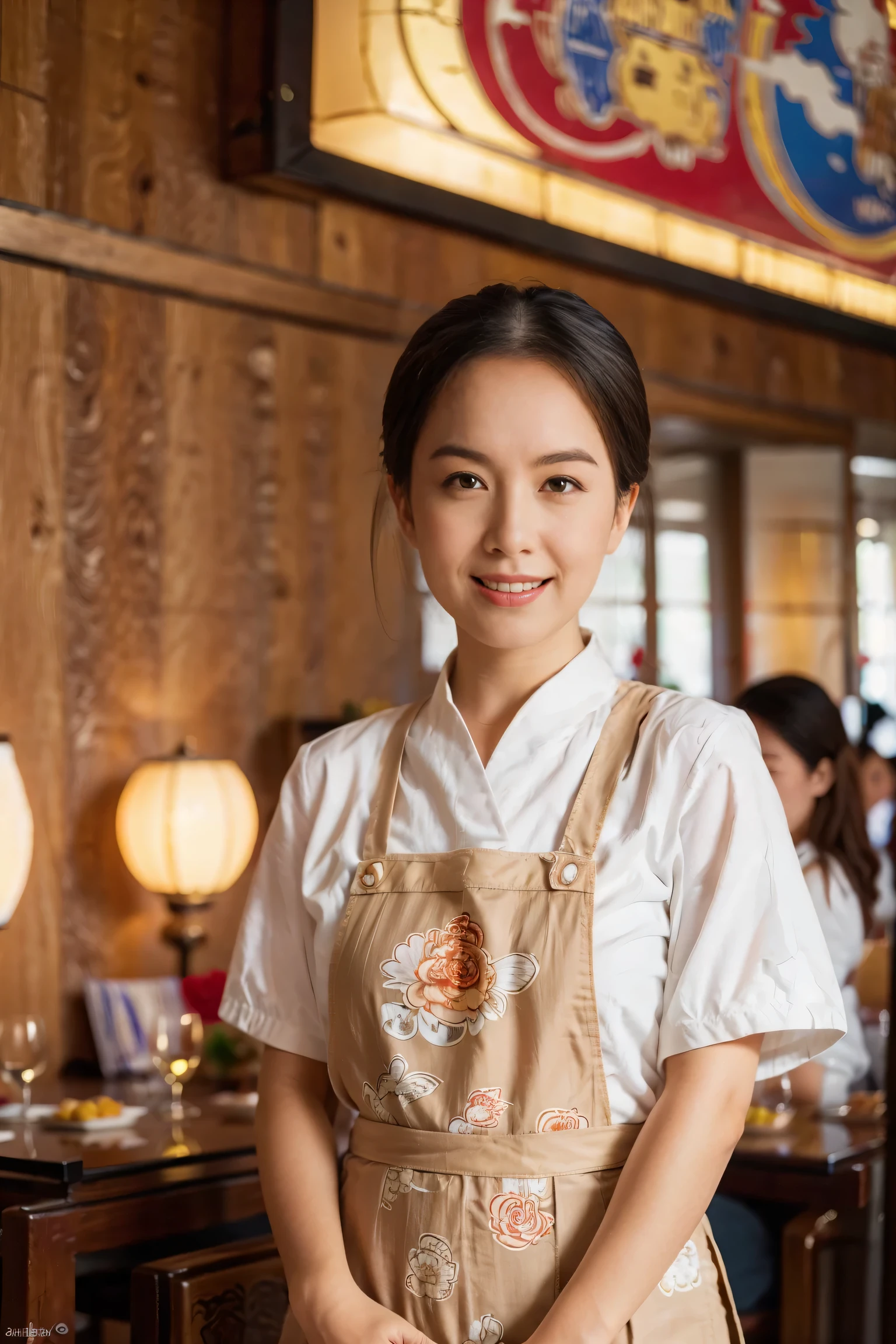 （Super fine，fidelity：1.37），portrait，Chinese restaurant owner，black hair，brown eyes，delicate lips，Put on an apron，confident smile，Neat appearance，Chinese traditional spring clothing，floral pattern，Standing in a brightly lit restaurant，antique wooden furniture，Elaborately carved decoration，Chinese traditional elements，Beautifully painted porcelain plates and teapots，Authentic Chinese cuisine，Vibrant color palette，Defocused lights in the background create a warm and inviting atmosphere