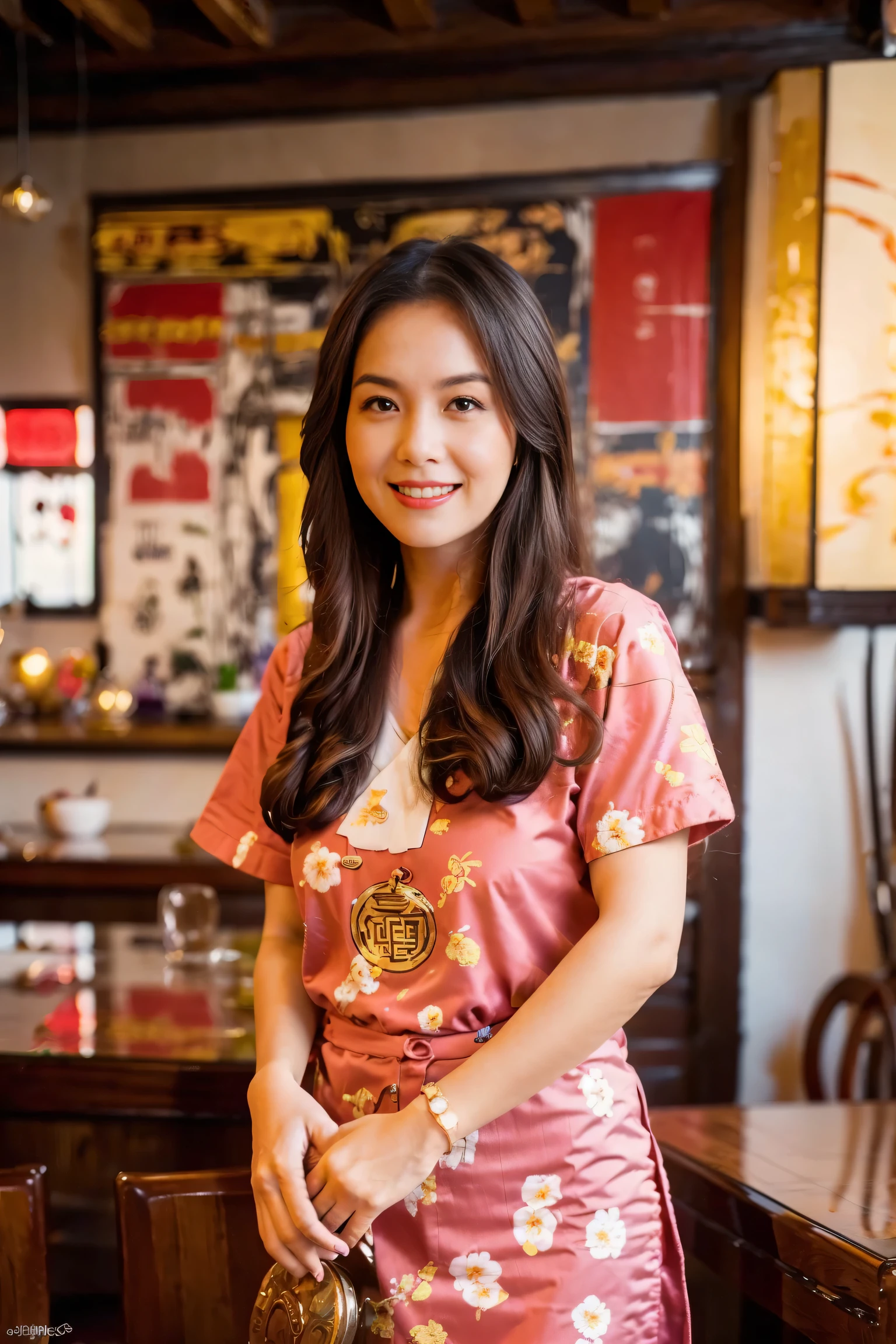 (Super fine,fidelity:1.37),portrait,Chinese restaurant owner,black hair,brown eyes,delicate lips,Put on an apron,confident smile,Neat appearance,Chinese traditional spring clothing,floral pattern,Standing in a brightly lit restaurant,antique wooden furniture,Elaborately carved decoration,Chinese traditional elements,Beautifully painted porcelain plates and teapots,Authentic Chinese cuisine,Vibrant color palette,Defocused lights in the background create a warm and inviting atmosphere