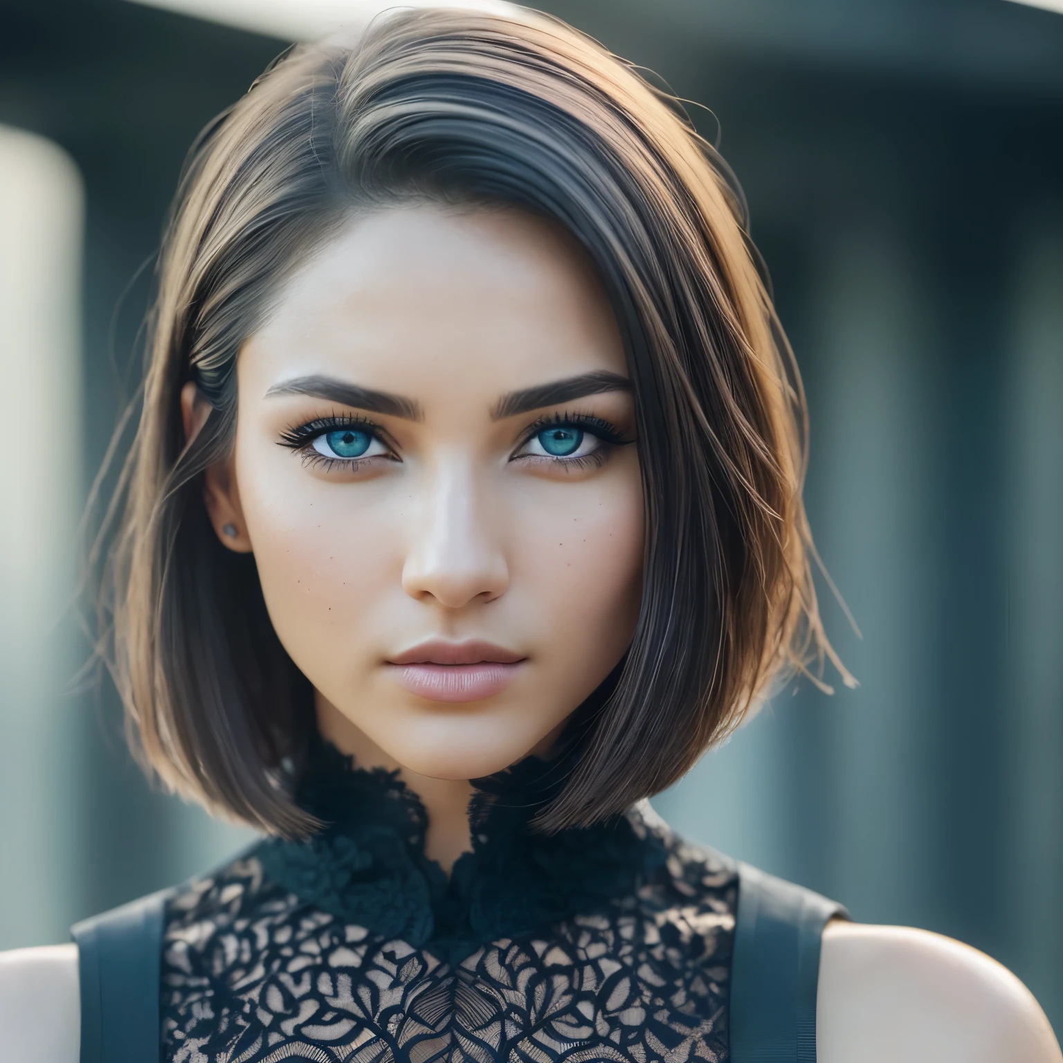 (RAW, analog, Nikon Z 14mm ultra wide angle lens, award-winning glamour photography, ((highest quality)), ((masterpiece)), ((realistic)), skin pores, subsurface scattering, synchrotron rays, high resolution, detailed facial features, high detail, sharp focus, smooth, aesthetic, highly detailed, (highly detailed eyes, highly detailed iris), highly detailed hair, highly detailed skin, highly detailed clothing, Octane Rendering, Photorealistic, Realistic, Post-Processing, Maximum Detail, Realistic Shadows, Roughness, Natural Skin Texture, Real Life, Ultra Realistic, Photorealism, Photography, 8K UHD, Photo, HDR, Complex and Elegant, Highly Detailed, Sharp Focus, Stunning, Beautiful, Gorgeous), (Masterpiece: 1.2, Best Quality 1:1, Ultra Detail: 1.2, Best Shadows, 8k: 1.1) (Large city: 1.3, rooftop: 1.1, lower structures, railings), (contrasting background, light background), (beautiful detailed face), high contrast, (perfect lighting: 1.2, beautiful color, delicate color), (cinematic light)), colorful, hyper-detail, dramatic light, intricate detail, (Isabel Merced, solo, bob_cut_ hair, blue eyes, dynamic angle, seductive), depth of field