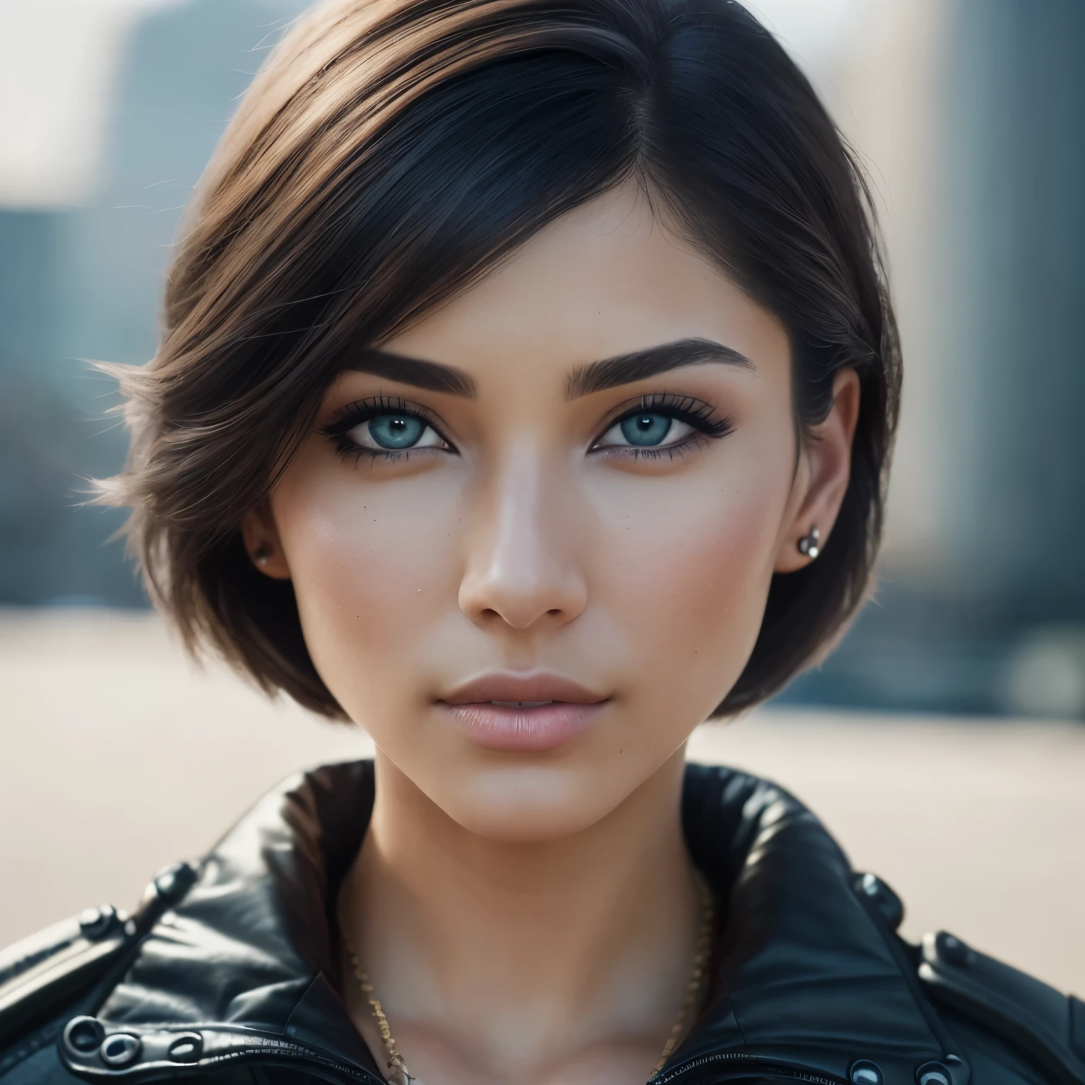 (RAW, analog, Nikon Z 14mm ultra wide angle lens, award-winning glamour photography, ((highest quality)), ((masterpiece)), ((realistic)), skin pores, subsurface scattering, synchrotron rays, high resolution, detailed facial features, high detail, sharp focus, smooth, aesthetic, highly detailed, (highly detailed eyes, highly detailed iris), highly detailed hair, highly detailed skin, highly detailed clothing, Octane Rendering, Photorealistic, Realistic, Post-Processing, Maximum Detail, Realistic Shadows, Roughness, Natural Skin Texture, Real Life, Ultra Realistic, Photorealism, Photography, 8K UHD, Photo, HDR, Complex and Elegant, Highly Detailed, Sharp Focus, Stunning, Beautiful, Gorgeous), (Masterpiece: 1.2, Best Quality 1:1, Ultra Detail: 1.2, Best Shadows, 8k: 1.1) (Large city: 1.3, rooftop: 1.1, lower structures, railings), (contrasting background, light background), (beautiful detailed face), high contrast, (perfect lighting: 1.2, beautiful color, delicate color), (cinematic light)), colorful, hyper-detail, dramatic light, intricate detail, (Isabel Merced, solo, bob_cut_ hair, blue eyes, dynamic angle, seductive), depth of field