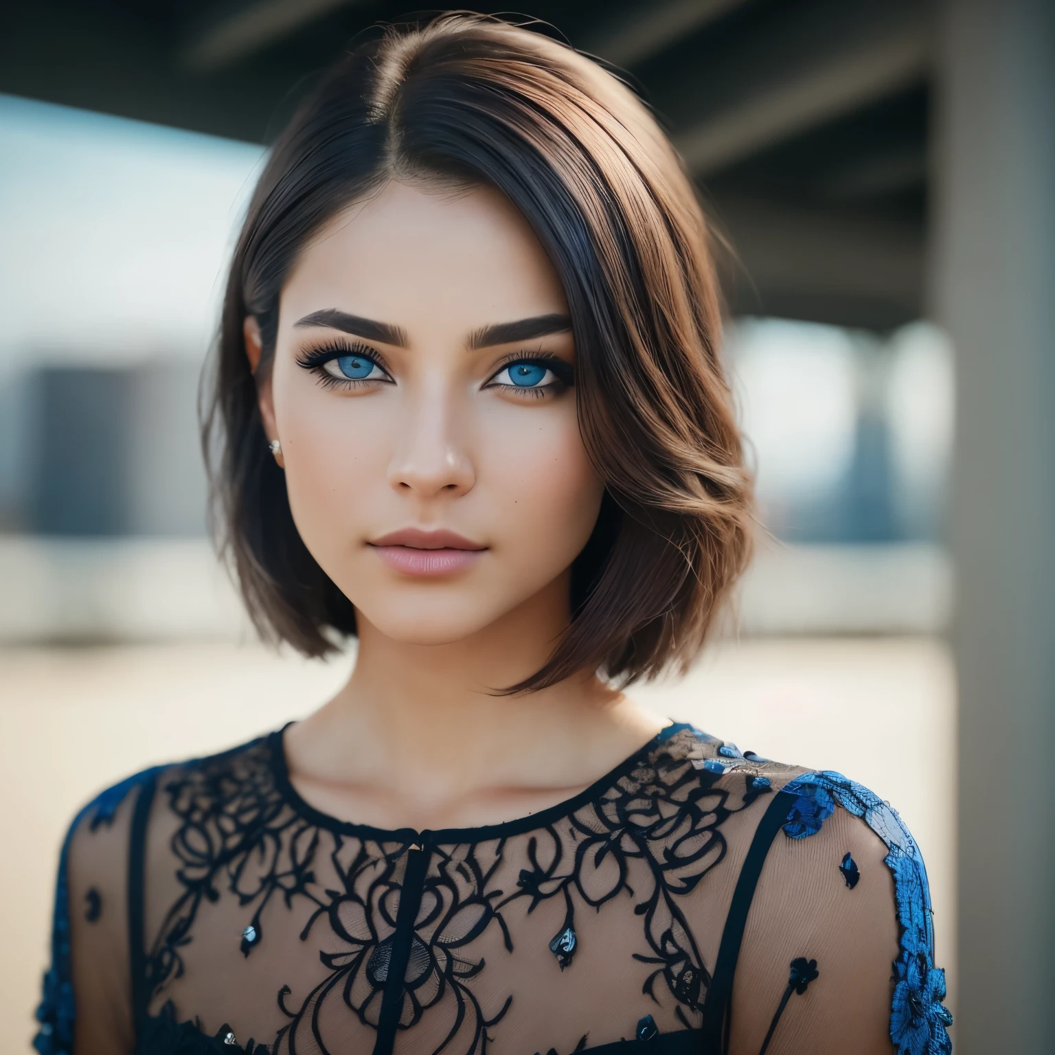 (RAW, analog, Nikon Z 14mm ultra wide angle lens, award-winning glamour photography, ((highest quality)), ((masterpiece)), ((realistic)), skin pores, subsurface scattering, synchrotron rays, high resolution, detailed facial features, high detail, sharp focus, smooth, aesthetic, highly detailed, (highly detailed eyes, highly detailed iris), highly detailed hair, highly detailed skin, highly detailed clothing, Octane Rendering, Photorealistic, Realistic, Post-Processing, Maximum Detail, Realistic Shadows, Roughness, Natural Skin Texture, Real Life, Ultra Realistic, Photorealism, Photography, 8K UHD, Photo, HDR, Complex and Elegant, Highly Detailed, Sharp Focus, Stunning, Beautiful, Gorgeous), (Masterpiece: 1.2, Best Quality 1:1, Ultra Detail: 1.2, Best Shadows, 8k: 1.1) (Large city: 1.3, rooftop: 1.1, lower structures, railings), (contrasting background, light background), (beautiful detailed face), high contrast, (perfect lighting: 1.2, beautiful color, delicate color), (cinematic light)), colorful, hyper-detail, dramatic light, intricate detail, (Isabel Merced, solo, bob_cut_ hair, blue eyes, dynamic angle, seductive), depth of field