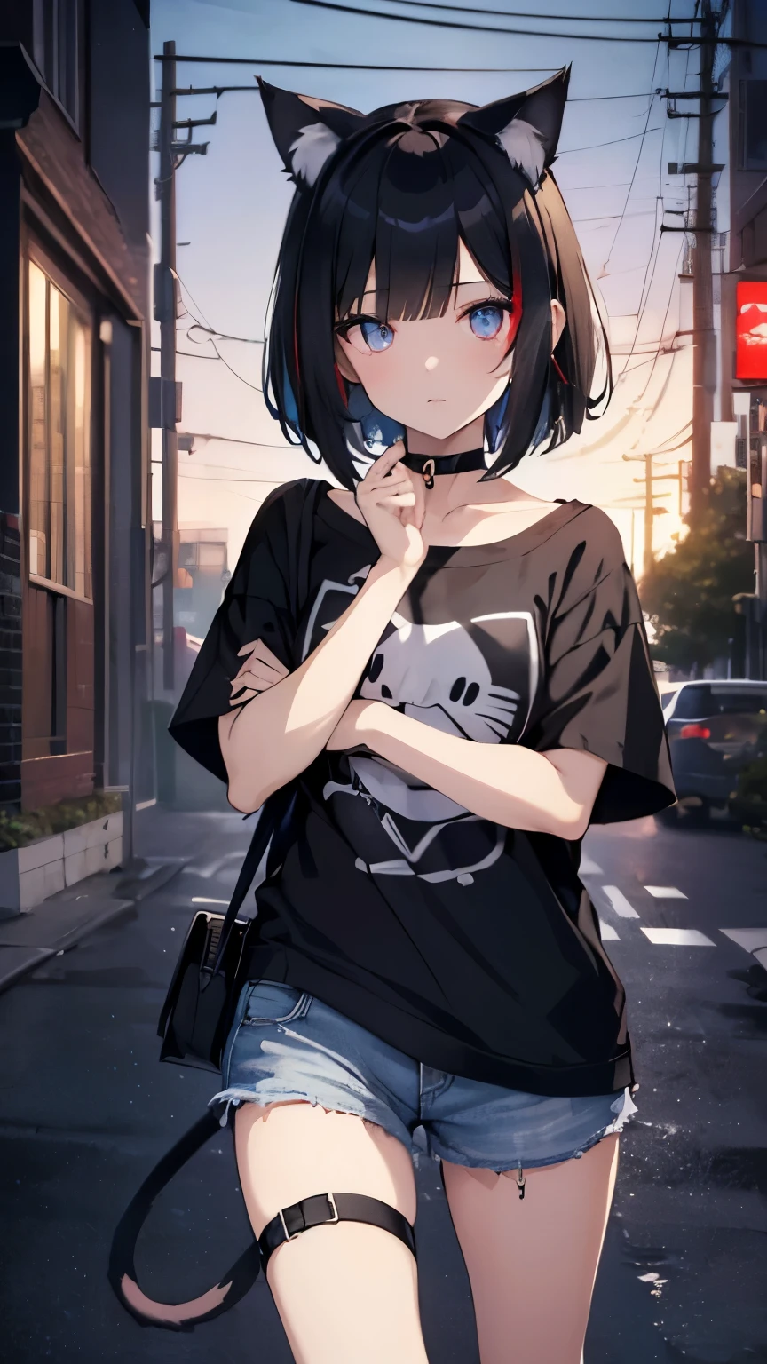 ((masterpiece:1.4、highest quality:1.2))、1 girl、solo focus、delicate face、Highly detailed anime faces and eyes、(conversion sequence)、Slender Beautiful Girl,black hair,short hair,Bob Heyer,bob cut,straight hair,((Blue right eye,red left eye),(odd eye,Eyes of different colors on the left and right))cat eyes,Black cat ears,Nekomimi,cat tail,black mask,night,punk fashion,shorts,choker,T-shirt