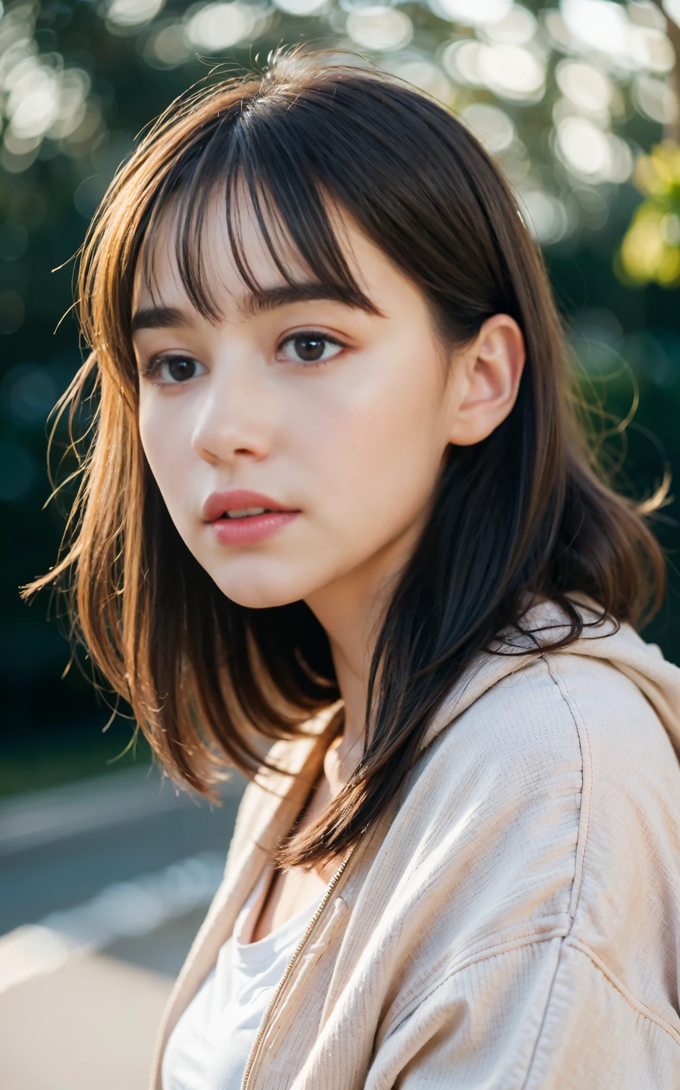 masterpiece, highest quality, 8K, 1 girl, Right human hands, Correct human finger, japanese girl, close up of face, cute, girly, delicate girl, neat beauty, Medium chest, Luminescent, look away, RAW photo, f/1.8, 135mm, nikon, anatomically correct, Bokeh,rough skin, professional photography, portrait, soft light, professional lighting, Backlight, film grain, (Eye and face details:1.0), brown hair, Medium hair swaying in the wind, bangs, Hoodie jacket