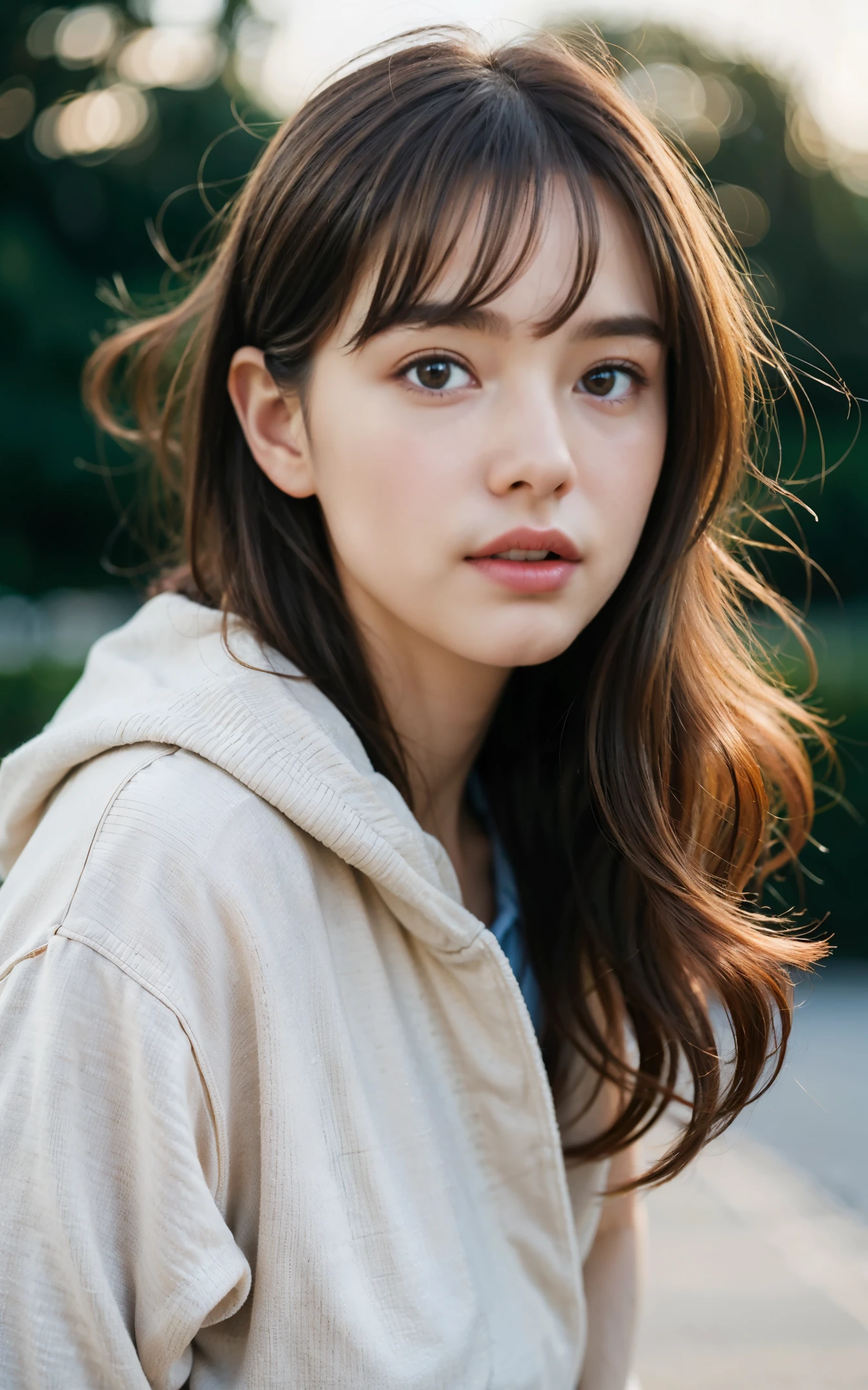 masterpiece, highest quality, 8K, 1 girl, Right human hands, Correct human finger, japanese girl, close up of face, cute, girly, delicate girl, neat beauty, Medium chest, Luminescent, look away, RAW photo, f/1.8, 135mm, nikon, anatomically correct, Bokeh,rough skin, professional photography, portrait, soft light, professional lighting, Backlight, film grain, (Eye and face details:1.0), brown hair, Medium hair swaying in the wind, bangs, Hoodie jacket