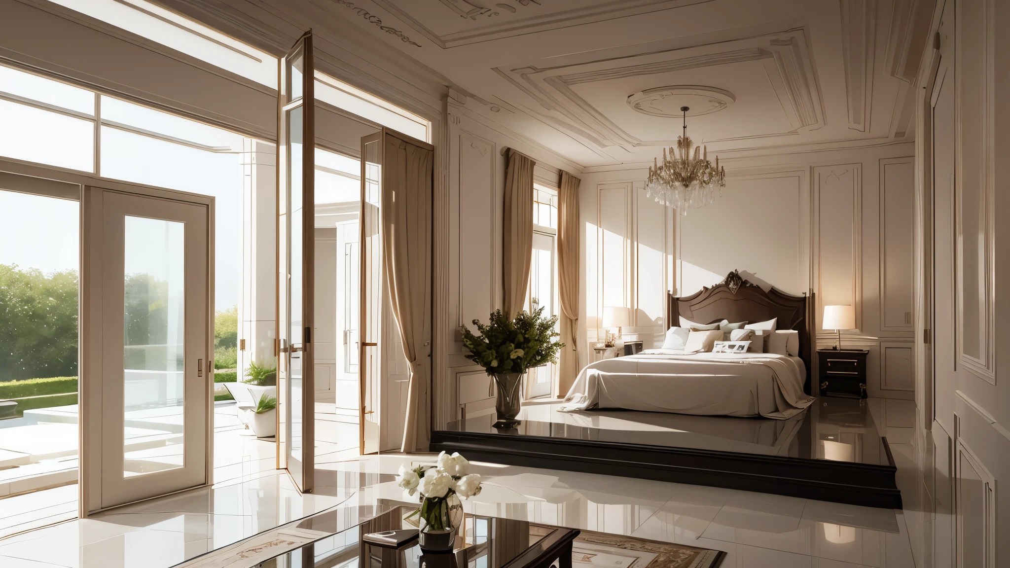 You are a famous interior designer、You have been asked to create a 3D image of a modern large room. Create a harmonious environment with modern and minimalist furniture. Including garden interior.