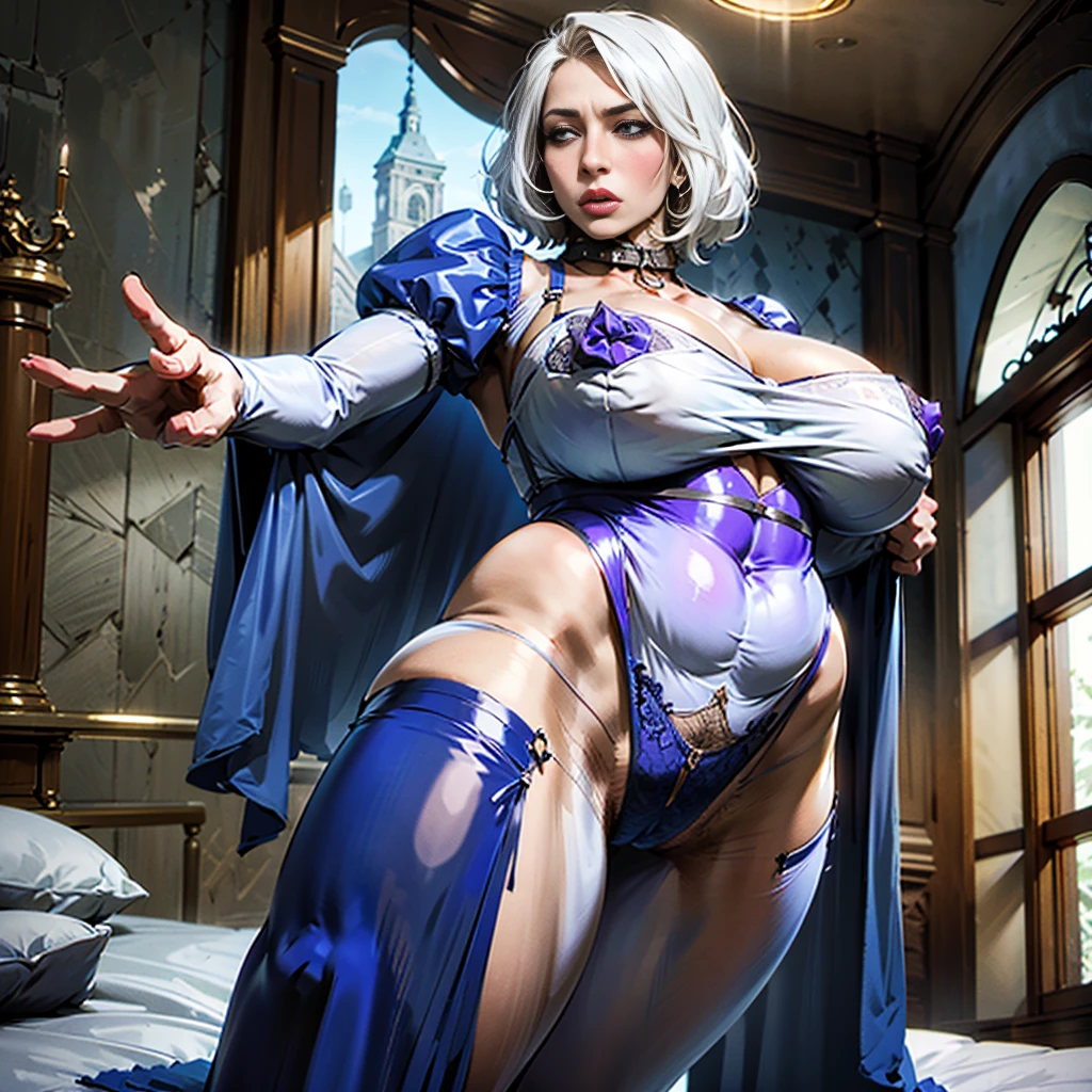 White hair , short hair, pinched eyes, (big-:1.5) , Thin legs, thin body, leather collar, Maid outfit victorian, dynamic pose, full body, View from below, wide hips