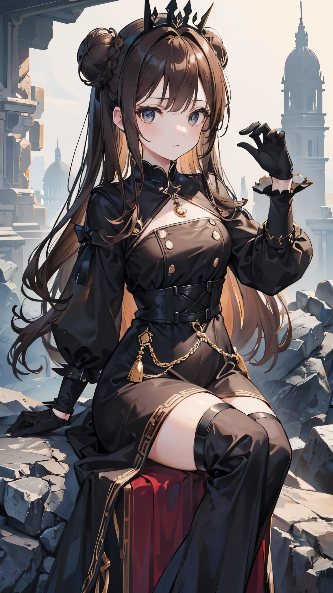 (Close-up view, charming woman), ((Hair in two buns, black and brown hair, black eyes)), ((Long brown dress with high collar, black metal gloves, rock crown)), ((Inside palace background of stones and rocks, sitting On a decorated rock chair)),highly detailed CG, unit, 8K wallpapers, highest quality, high resolution, beautiful lighting, realistic shadow,detailed face Highly,detailed eyes Highly,detailed hair Highly
