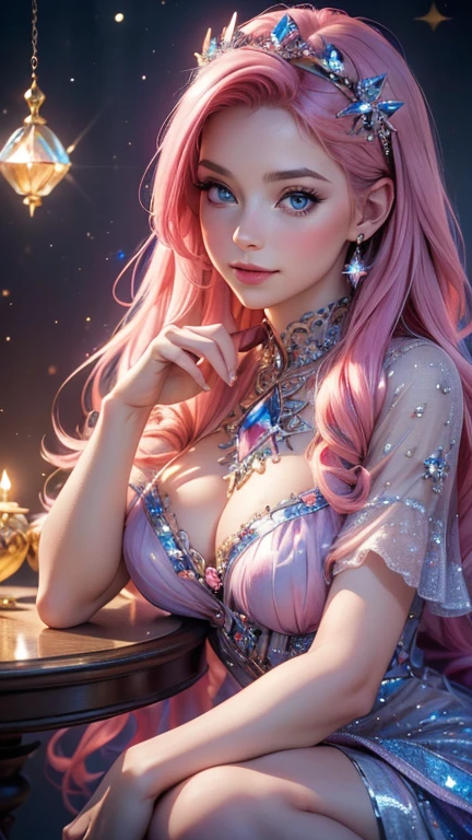 (best quality,4k,8k,highres,masterpiece:1.2),ultra-detailed,(realistic,photorealistic,photo-realistic:1.37),young fortune teller,pink hair,blue eyes,gazing into a crystal,background of starry sky,illustration,crystal ball,intricate patterns on her dress,gentle smile,magical atmosphere,soft lighting,vibrant colors,bokeh