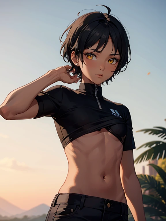 SFW, an androgynous person with dark skin who appears to be an adult and has flat breasts, short black hair that also has bright yellow eyes. Viste salvajemente, inspired by the American Guarani tribes