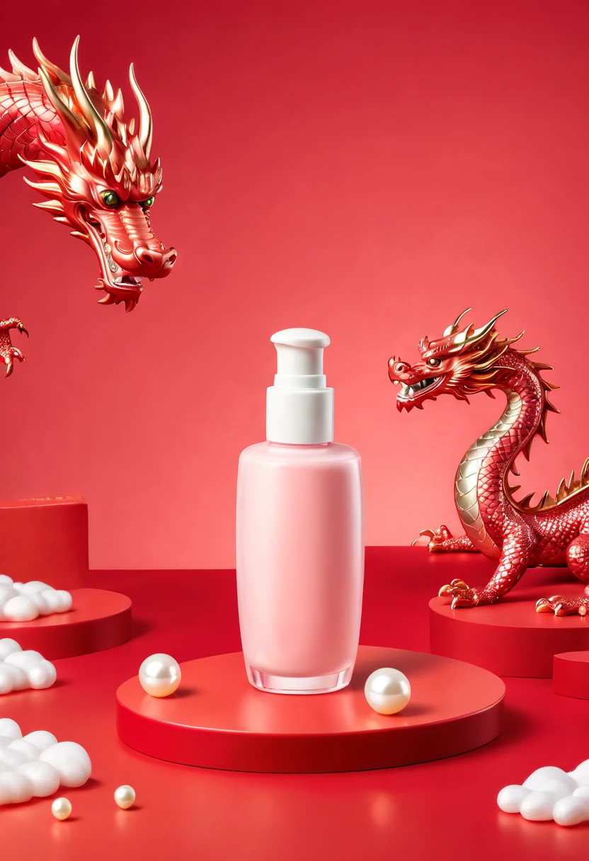 minimalist style, a solid color background, a bottle of makeup on a red table, It was decorated with a few pearls, product photography, product rendering, commercial photography, masterworks, a dragon pattern in the distant background:3 , a sense of veracity,