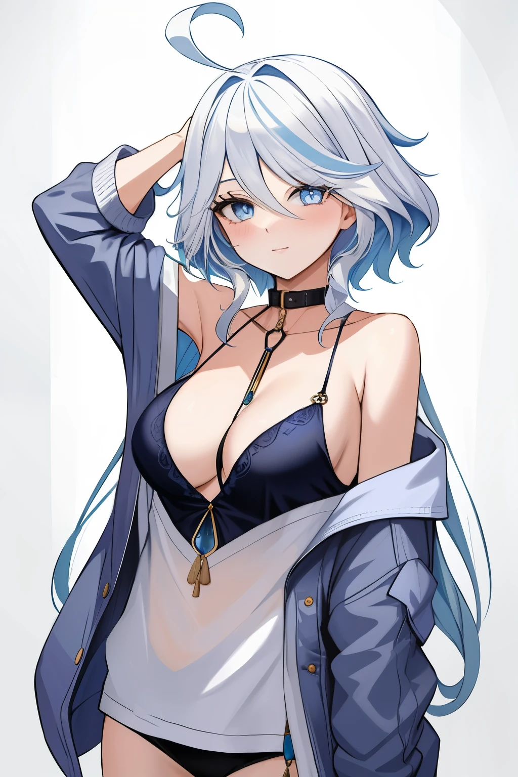 Furina,1girl,solo,long hair,ahoge,blue eyes,white hair,blue hair,bangs, off shoulder, collar bone, cleavage, look at viewer, perfect fingers, armpit peek, jacket