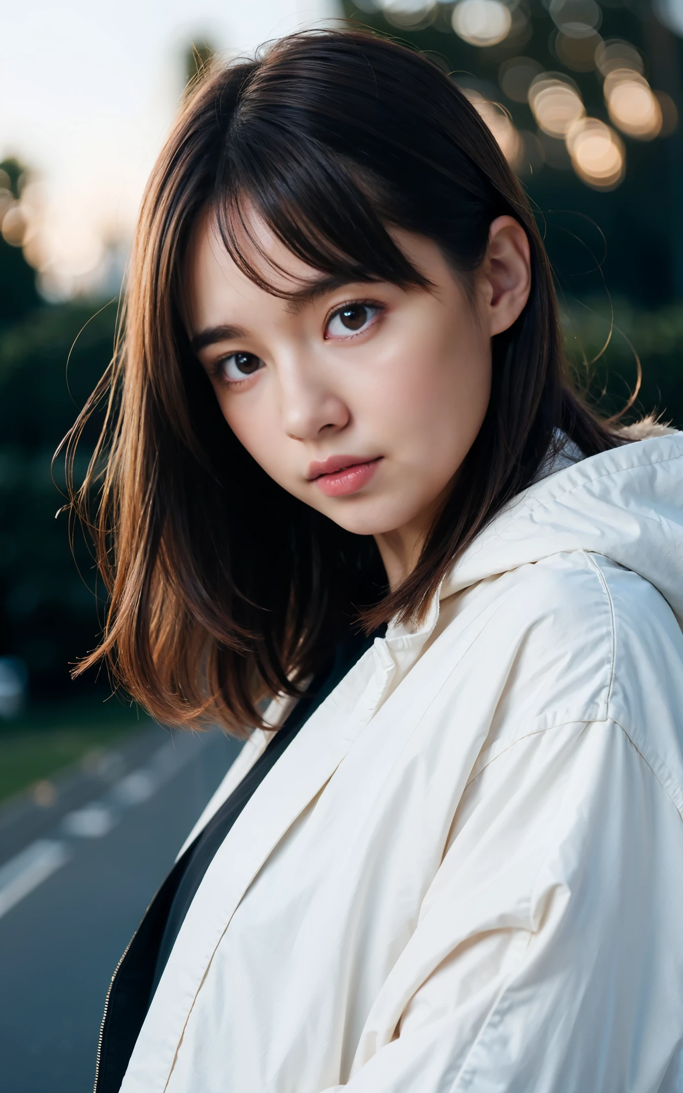 masterpiece, highest quality, 8K, 1 girl, Right human hands, Correct human finger, japanese girl, close up of face, cute, girly, delicate girl, neat beauty, Medium chest, Luminescent, look away, RAW photo, f/1.8, 135mm, nikon, anatomically correct, Bokeh,rough skin, professional photography, portrait, soft light, professional lighting, Backlight, film grain, (Eye and face details:1.0), brown hair, Medium hair swaying in the wind, bangs, Hoodie jacket
