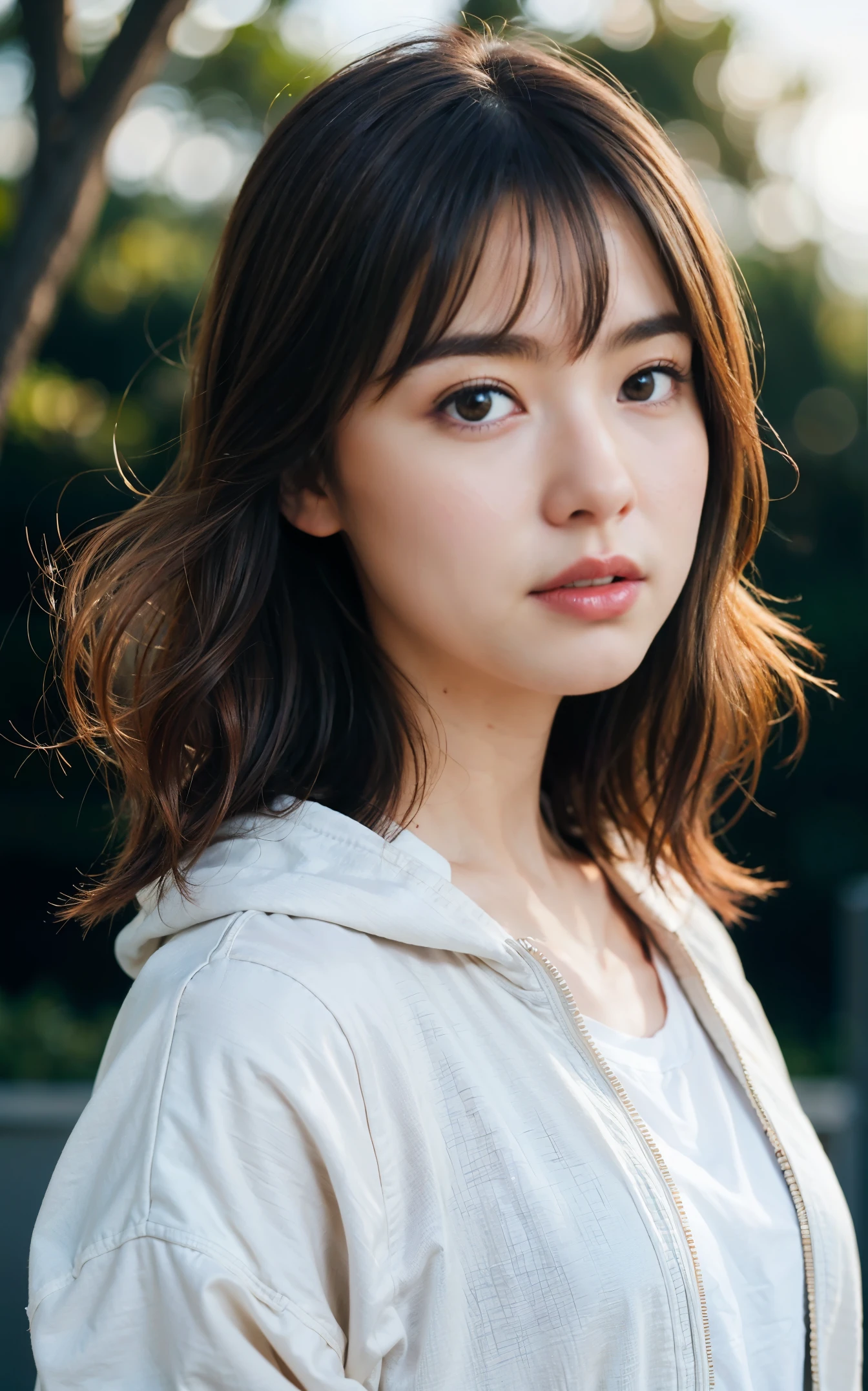 masterpiece, highest quality, 8K, 1 girl, Right human hands, Correct human finger, japanese girl, close up of face, cute, girly, delicate girl, neat beauty, Medium chest, Luminescent, look away, RAW photo, f/1.8, 135mm, nikon, anatomically correct, Bokeh,rough skin, professional photography, portrait, soft light, professional lighting, Backlight, film grain, (Eye and face details:1.0), brown hair, Medium hair swaying in the wind, bangs, Hoodie jacket