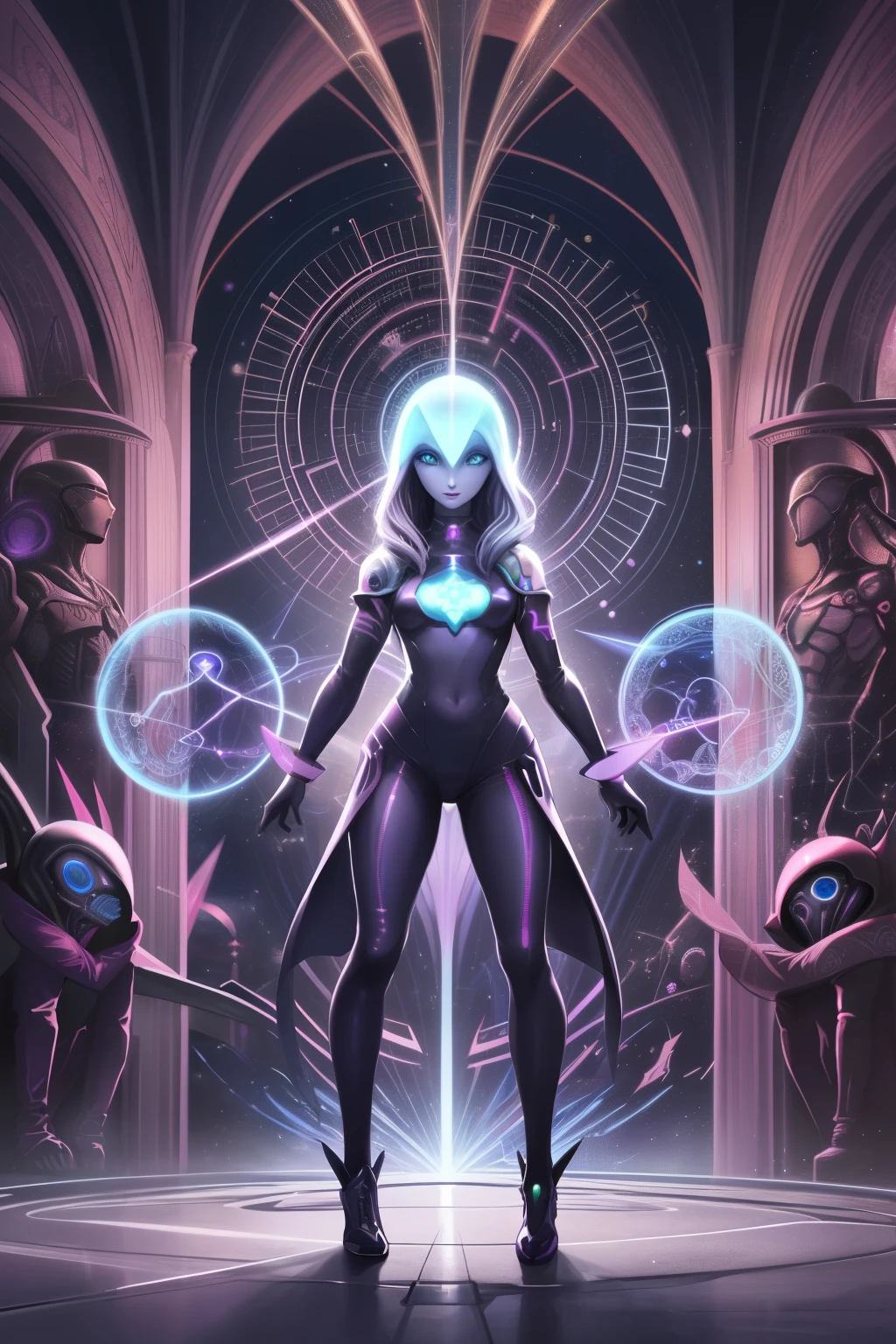 Por favor, Create an image of an alien scientist in violet and gray tones, adoptando estilo de caricatura, wearing futuristic clothes, standing in front of a blue backdrop. The image should be a digital masterpiece, inspired by Andrei Kolkoutine, Tumblr, psychedelic art, and sacred geometry. The alien scientist, in this spiritual dimension, assumes a psychedelic form, intricately composed of sacred geometry. He actua como un portal de energía. Por favor, consider art references from Dan Mumford and Alex Grey, as well as DMT entities, alien music, and LSD art elements --s2
((Cartoon, Alien scientist