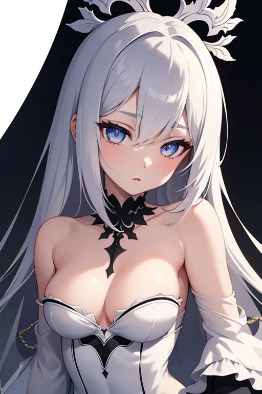 1girl, anime, cute girl, blank background, white background, fantasy, detailed dark fantasy dress with highlights, beautiful face, beautiful eyes, dark colors, silver hair, slightly small breasts, slight cleavage, beautiful skin, cute, breast curtains, extremely delicate and beautiful, (beautiful detailed face:1.0), (detailed deep eyes), symmetrical breasts, deep eyes, shiny skin, portrait, slender waist, hips wider than shoulders, thighs, young girl, expressionless, luminous eyes