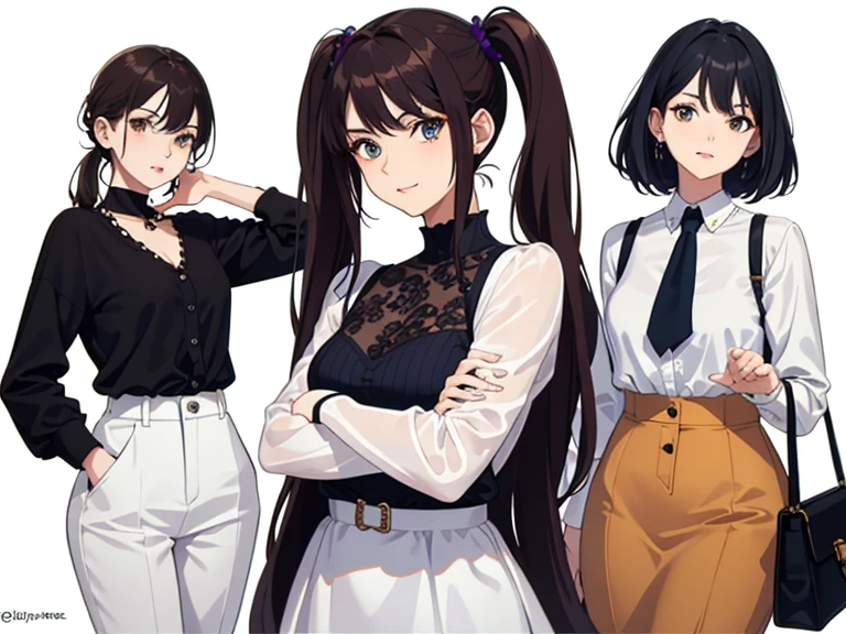 (((Best Quality))) , 4 women, multiple views, (((white background))), variety of hairstyles, variety of fashion styles, (((seductive pose))), fashionable and trendy atmosphere, holding bag, holding smart phone, looking at another, dark blue/dark orange/dark green/dark violet/brown/white, Wear only large blouses,