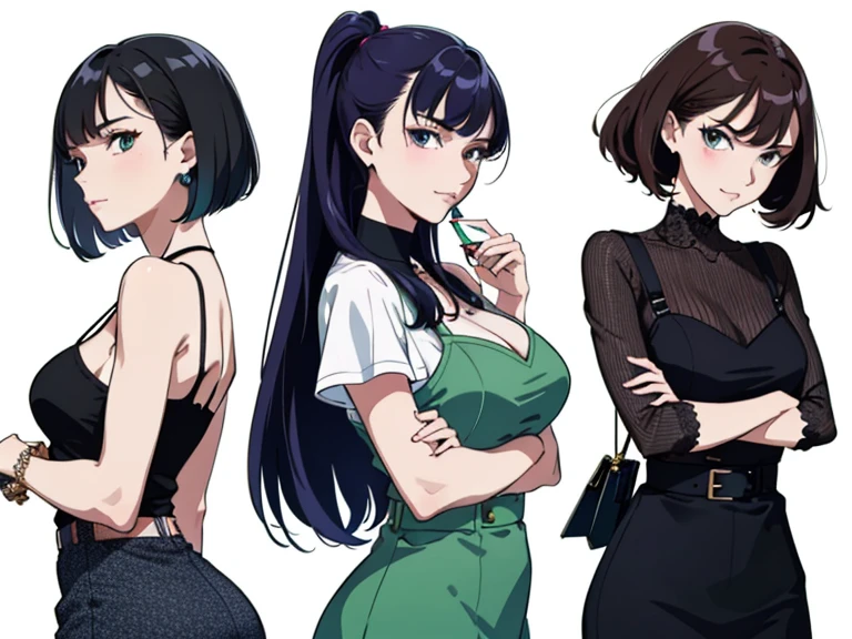 (((Best Quality))) , 4 women, multiple views, (((white background))), variety of hairstyles, variety of fashion styles, (((seductive pose))), fashionable and trendy atmosphere, holding bag, holding smart phone, looking at another, dark blue/dark orange/dark green/dark violet/brown/white,