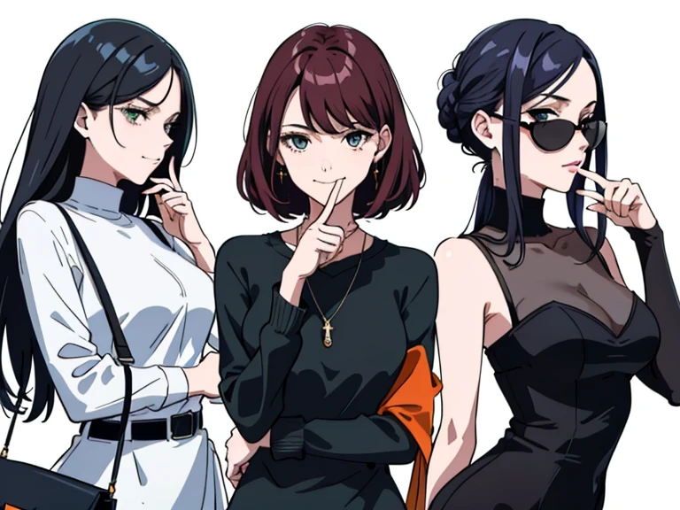 (((Best Quality))) , 4 women, multiple views, (((white background))), variety of hairstyles, variety of fashion styles, (((seductive pose))), fashionable and trendy atmosphere, holding bag, holding smart phone, looking at another, dark blue/dark orange/dark green/dark violet/brown/white,