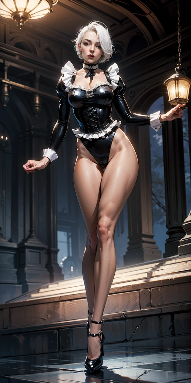 White hair , short hair, pinched eyes, (big-:1.5) , Thin legs, thin body, leather collar, Maid outfit victorian, dynamic pose, full body, View from below, wide hips
