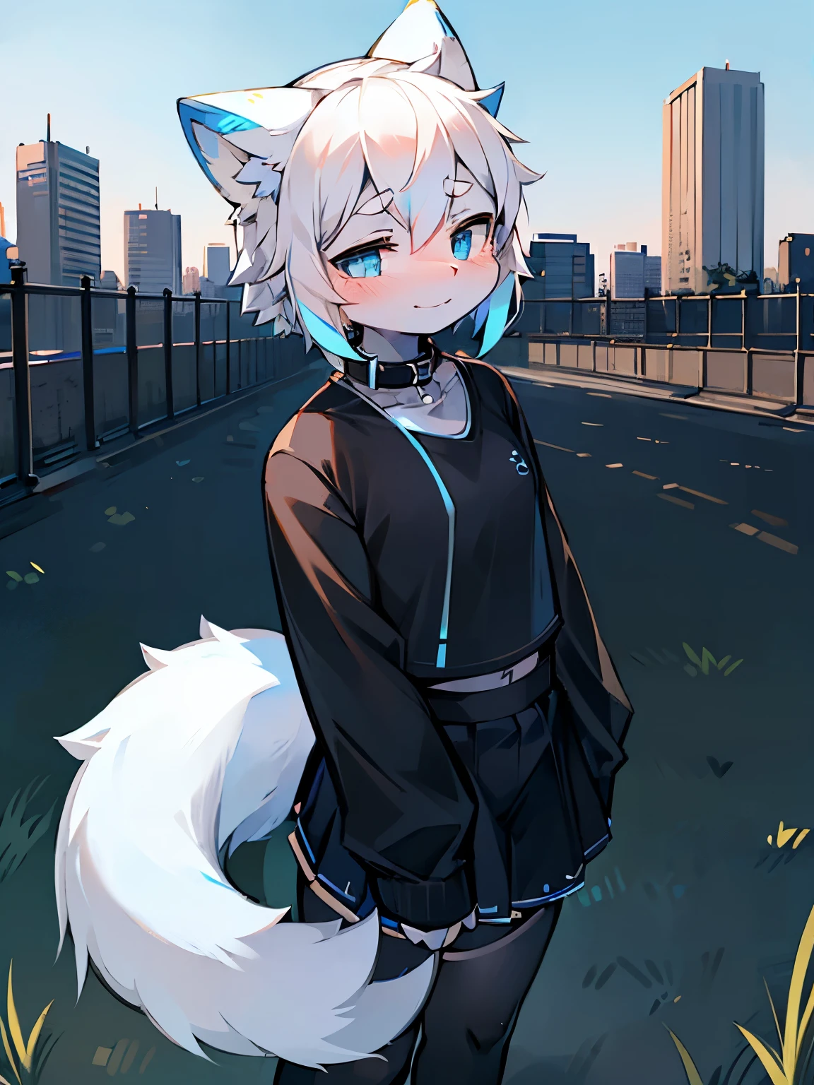 Solo, kemono, femboy, white hair, light blue eyes, wear black long sleeve crop top, wear black skirt, wear black collar, wear blue neon headphones, smile softly, look at camera, shy, blushes, tail, standing, lawn, city background, daytime, low view, high details