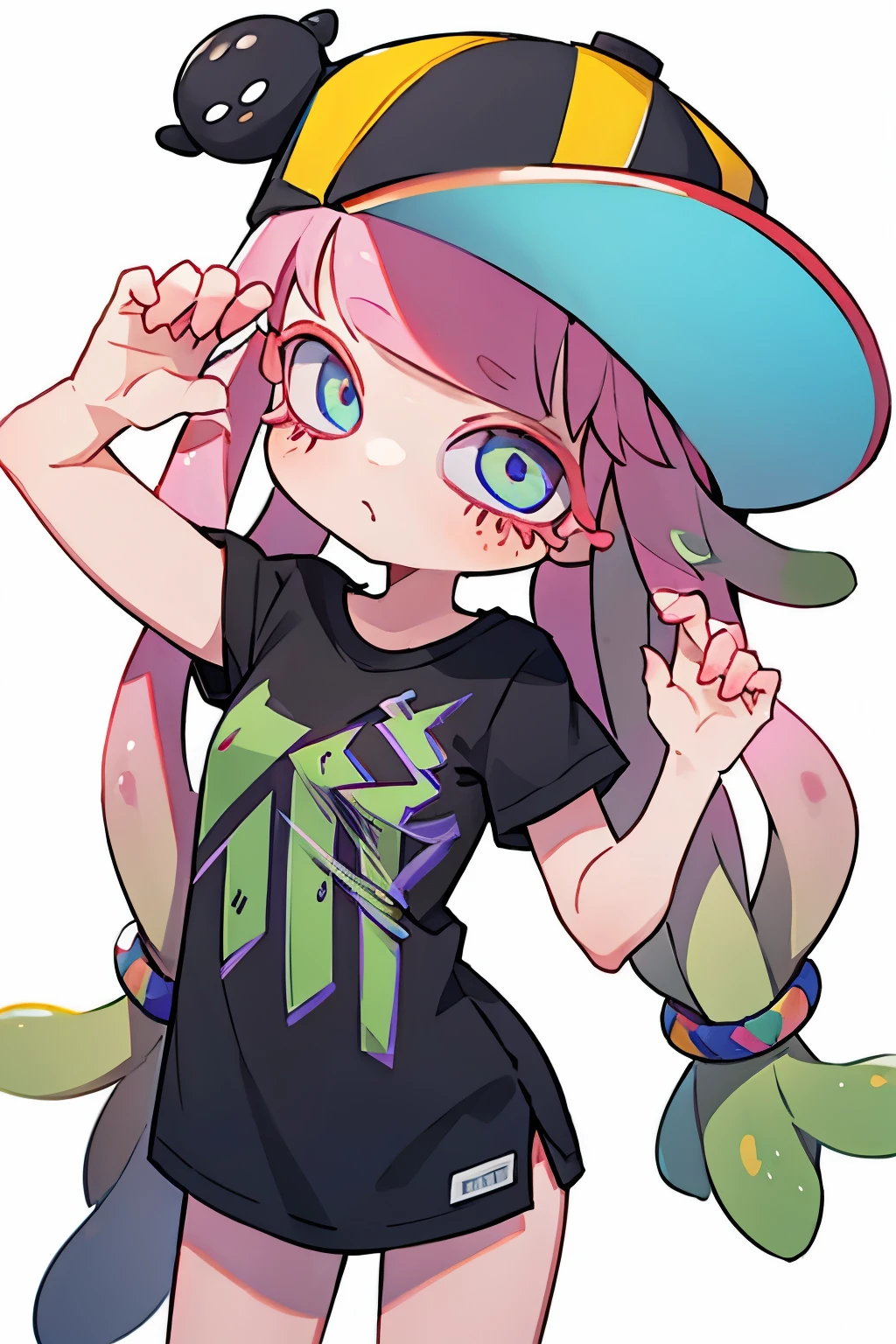 girl,inkling hair,black t-shirt,hat