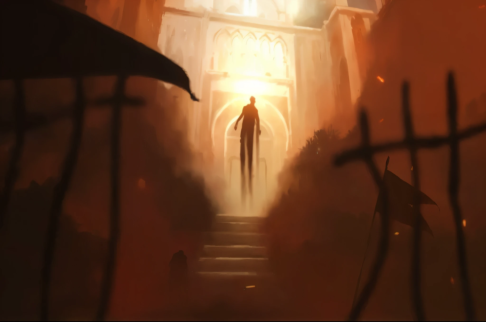 there is a man's spirit in the form of a silhouette floating, rising above in front of a cathedral building with a glow heavenly warm light, dramatic lighting. concept art, eerie nostalgic concept art, dramatic concept art, journey thatgamecompany, concept art stunning atmosphere, painterly concept art, by Aleksander Gine, painted as a game concept art, emotional concept art, concept painting, concept art for a video game
