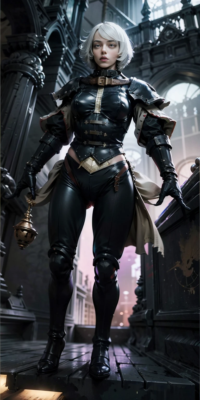 A full-length figure of a cool girl wearing a detailed steampunk armored suit. Exposed wiring, lots of cords and tubes connecting to the system. 