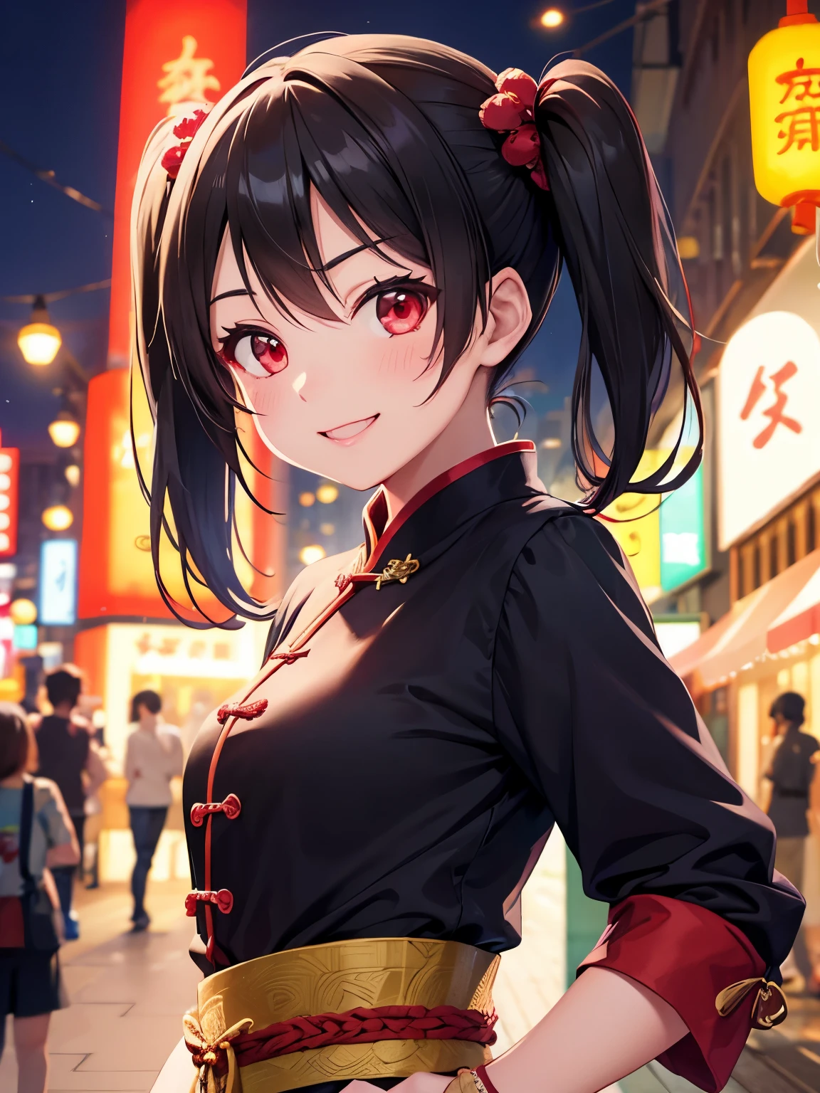 woman portrait ,20 years,Nico Yazawa、kung fu,Upper body,Chinese clothes,shanghai street,cinematic lighting、smile,red eyes、beautiful tidy hair、twin tails