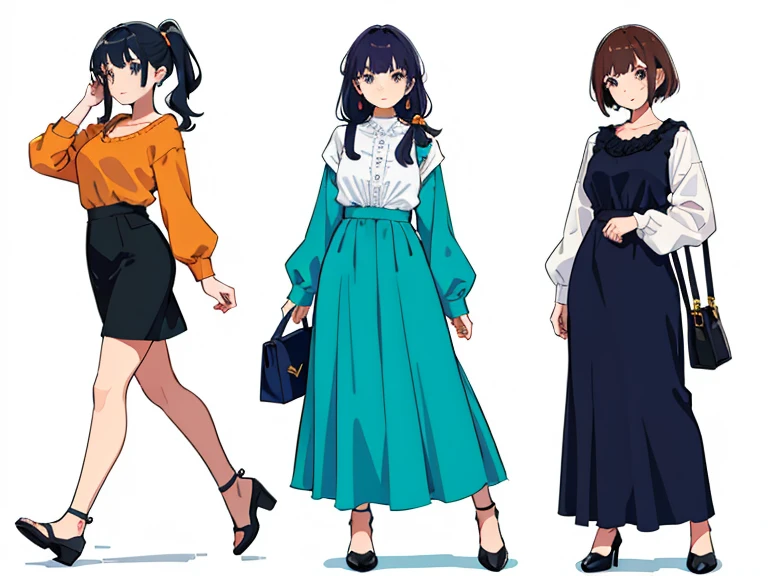 (((Best Quality))) , 4 women, multiple views, white background, variety of hairstyles, variety of fashion styles, holding bag, walk pose, holding smart phone, looking at another, dark blue/dark orange/dark green/dark violet/brown/white,
