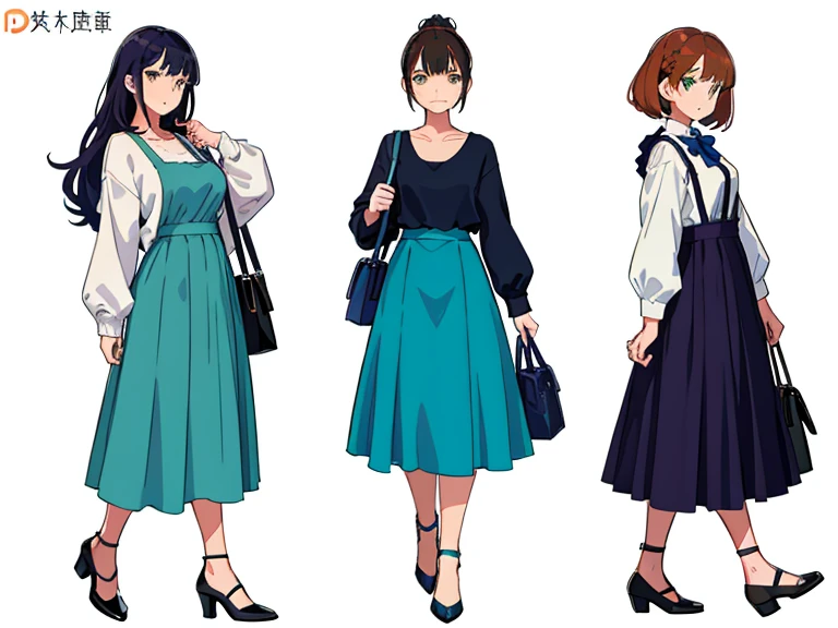 (((Best Quality))) , 4 women, multiple views, white background, variety of hairstyles, variety of fashion styles, holding bag, walk pose, holding smart phone, looking at another, dark blue/dark orange/dark green/dark violet/brown/white,